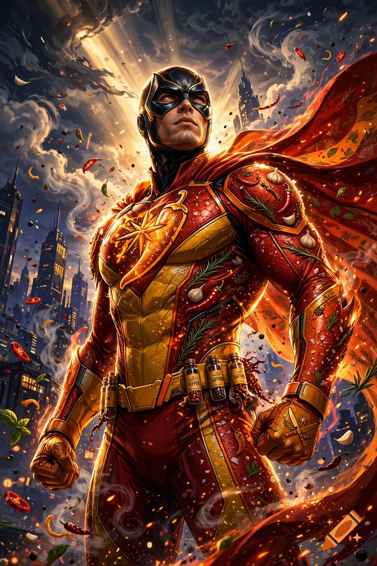 A muscular superhero with a chili pepper motif on his suit and cape, standing proudly against a city skyline.