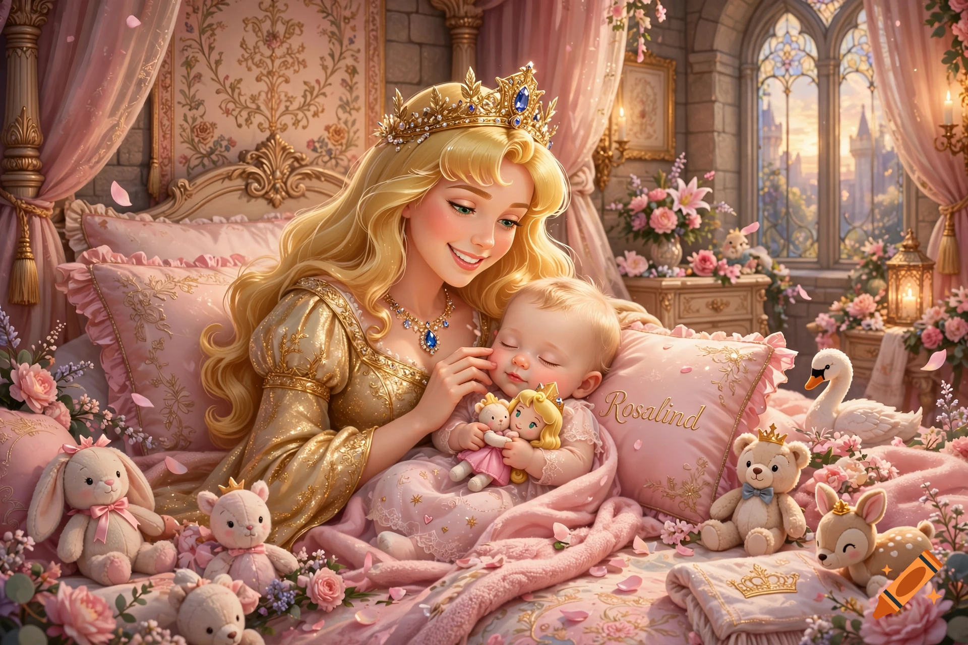 Digital illustration of Queen Aurora in a golden dress holding a sleeping baby princess in a luxurious pink bed.