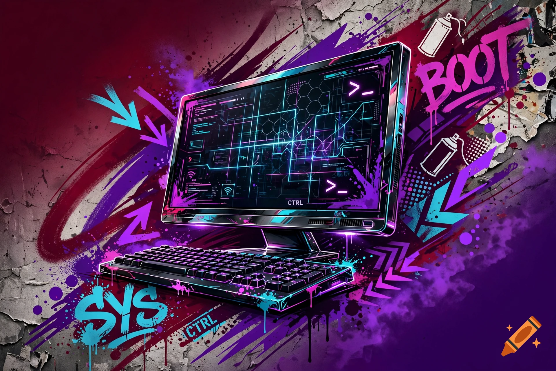 Graffiti art style desktop computer setup with glowing code on screen against a dark red and purple brick wall background.