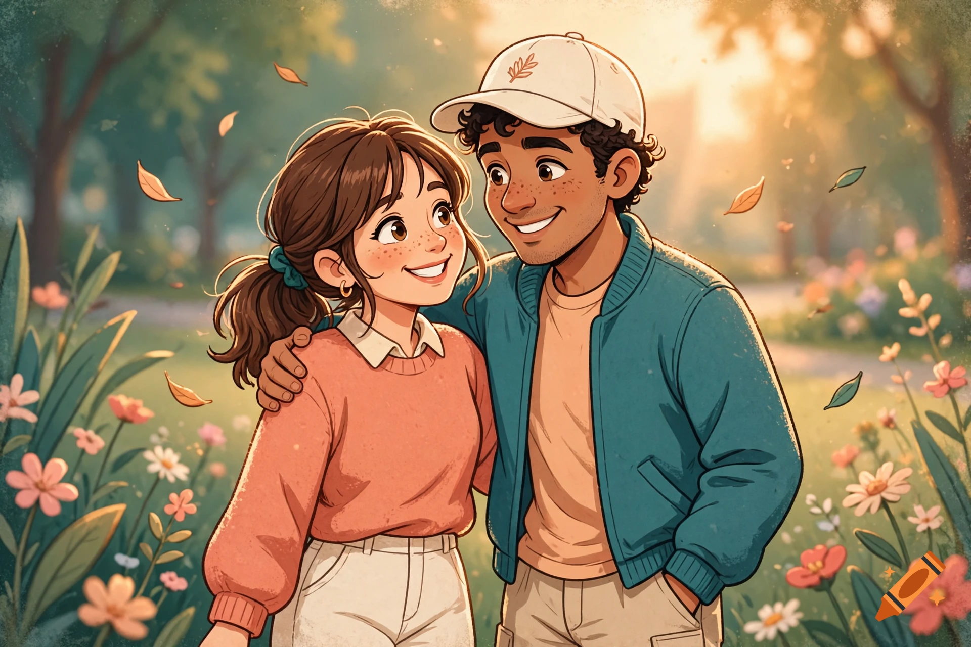 Animated cartoon illustration of a smiling young couple in a sunny park surrounded by flowers and falling leaves.