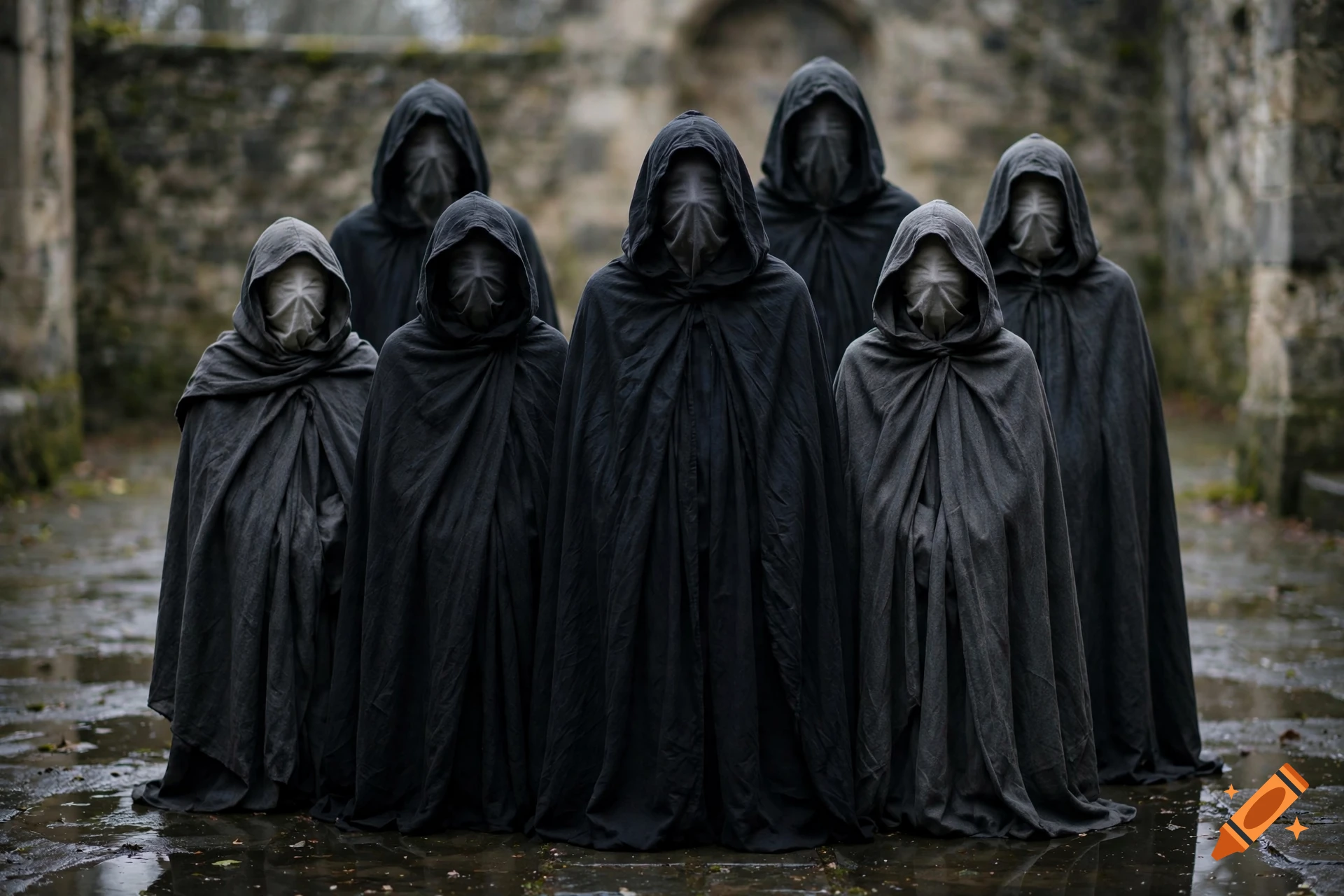 Photorealistic image of a group of seven people in dark hooded cloaks and obscuring masks standing in a courtyard.
