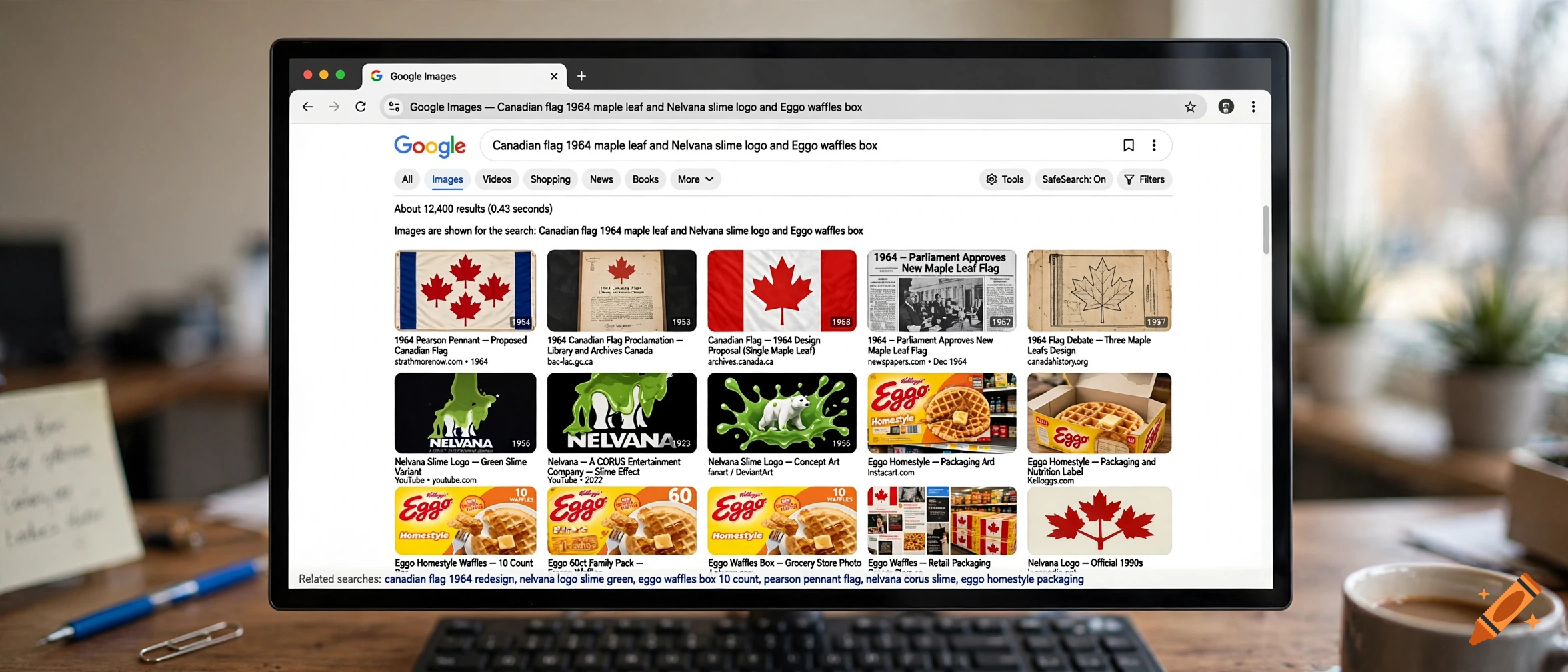 A monitor displaying a Google Images search results page for Canadian flag, Nelvana slime logo, and Eggo waffles.