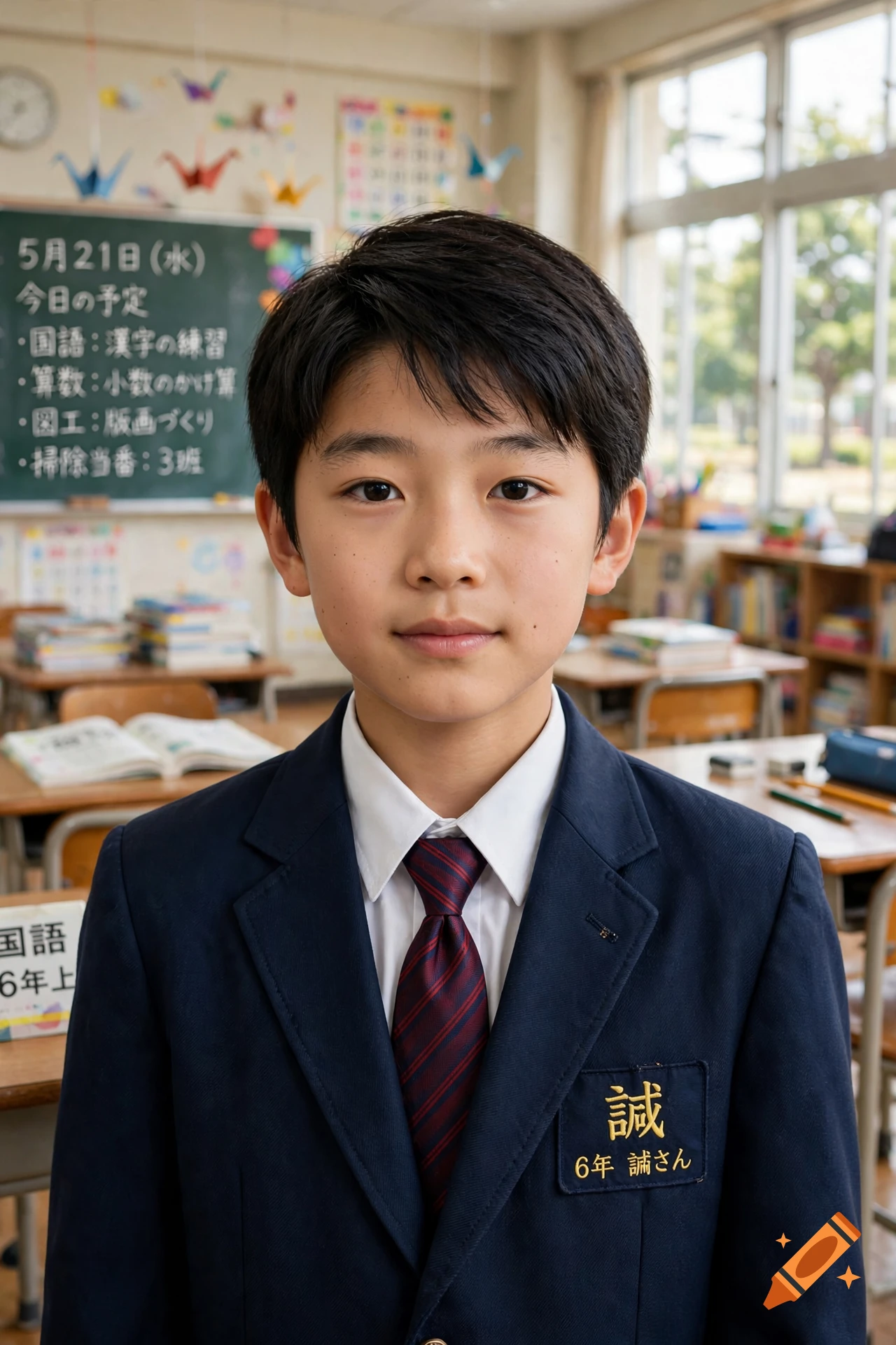 Photorealistic portrait of a Japanese elementary school boy in a uniform standing in a classroom.