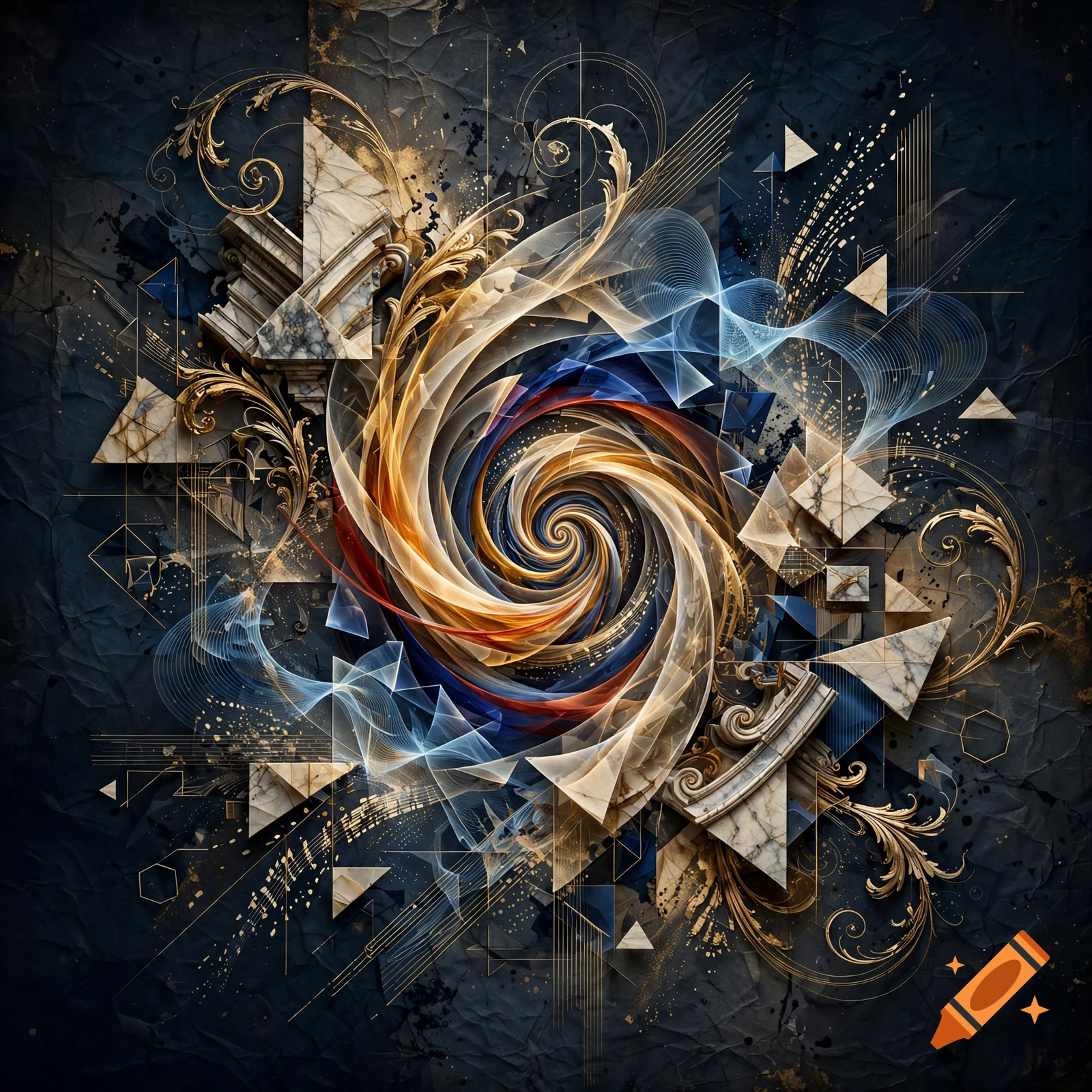 An abstract digital art CD cover combining baroque gold filigree, geometric marble shapes, and a central blue and gold swirl.