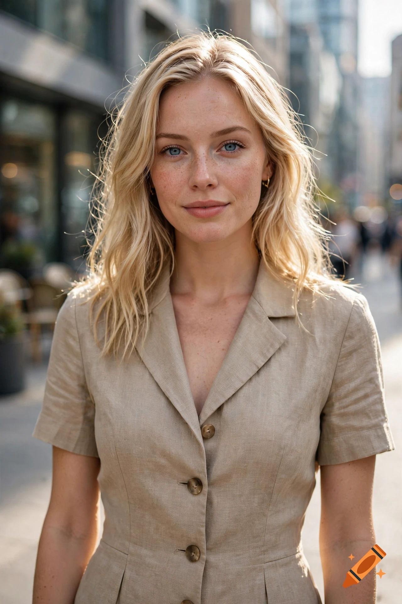 A medium shot of a young blonde woman with blue eyes and freckles, wearing a light brown button-up dress, standing on a city street.