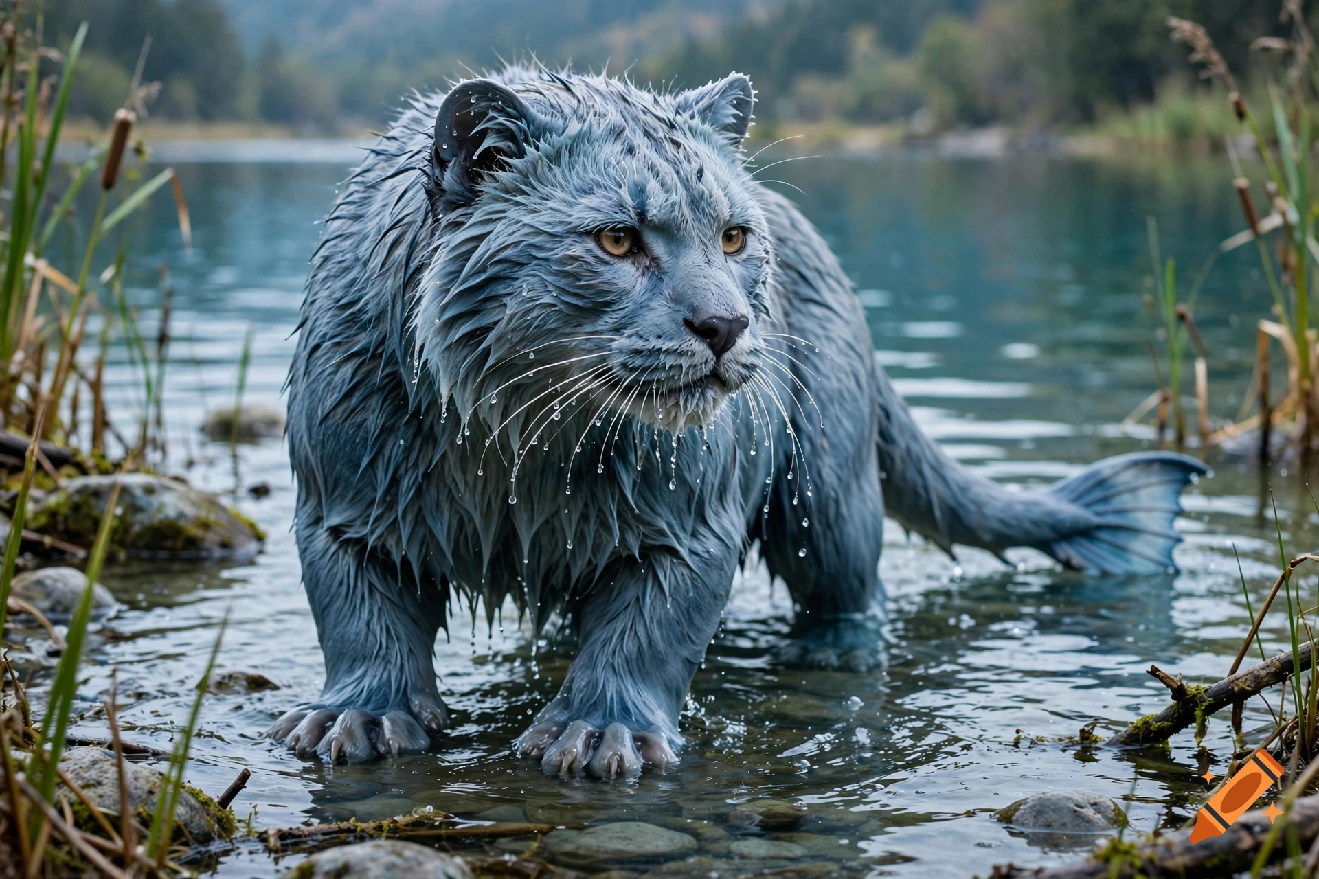 Photorealistic water-type creature resembling a large feline standing in a shallow lake with wet fur and water droplets.