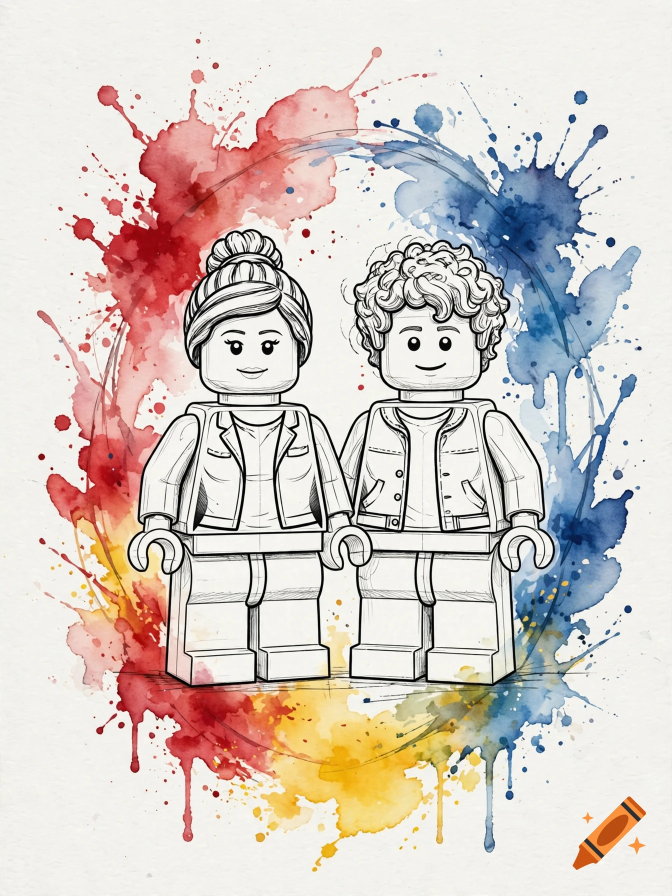 Black line sketch of two Lego minifigures, a female with a bun and a male with curly hair, against a watercolor splash background.