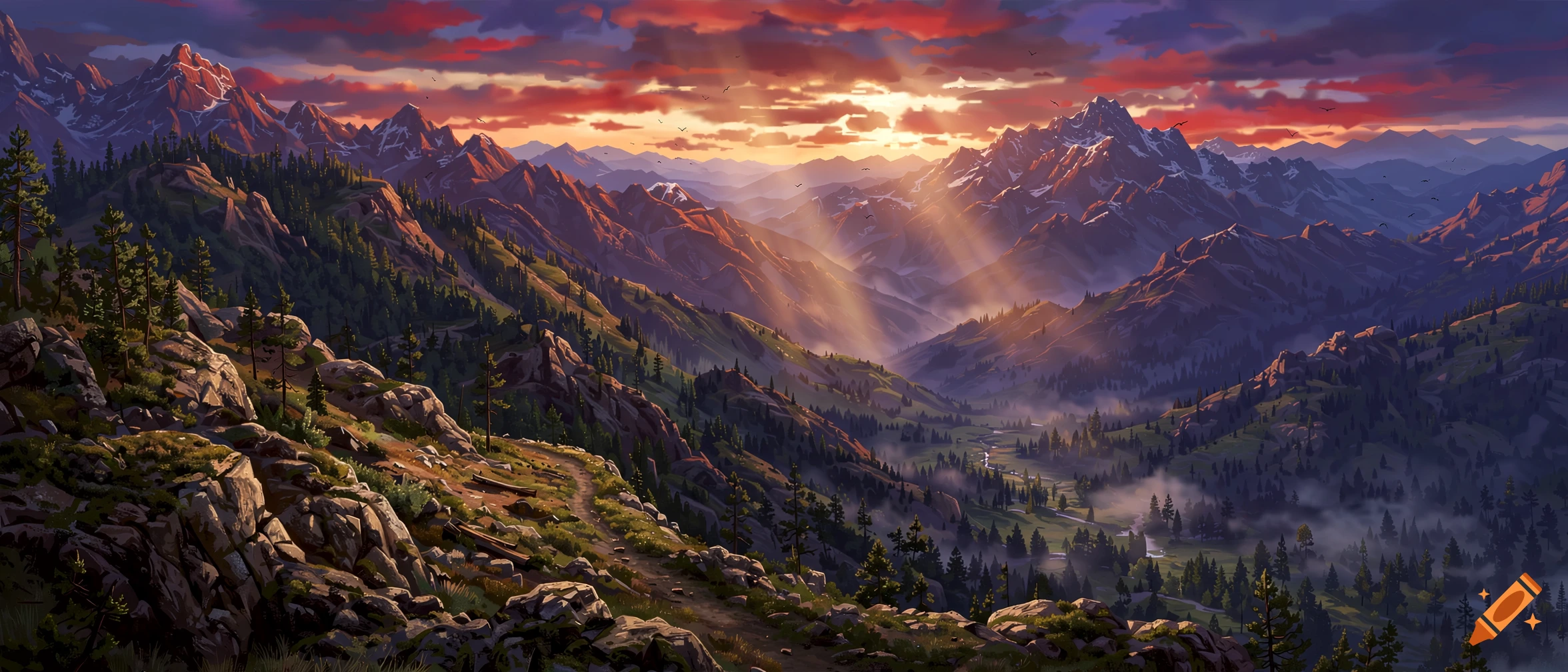 Digital painting of a mountain valley at sunset with sun rays illuminating pine trees and rocky terrain.