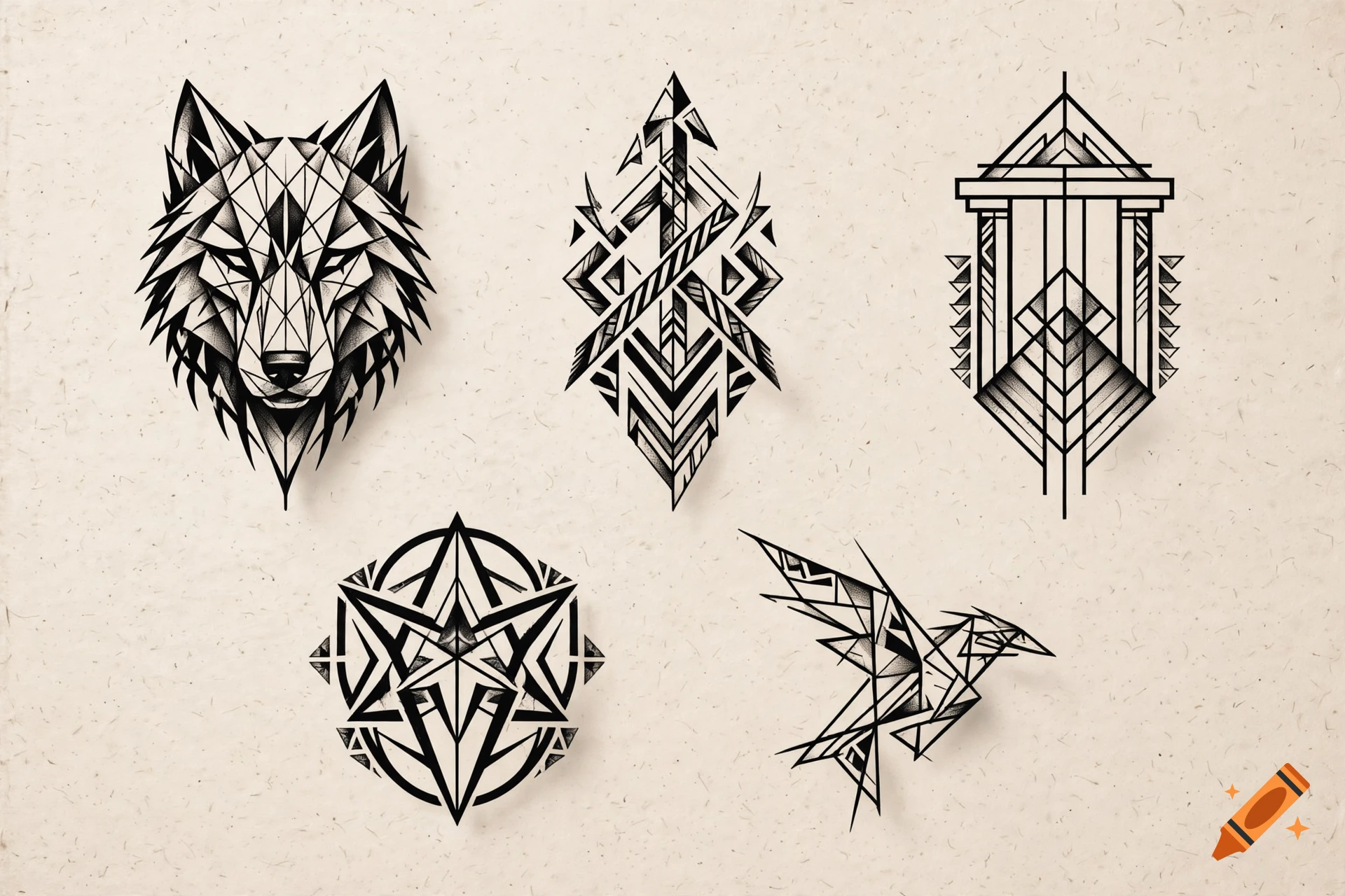 Five distinct black and white geometric tattoo designs featuring a wolf, an arrow, a pillar, a star, and a bird on a textured paper background.
