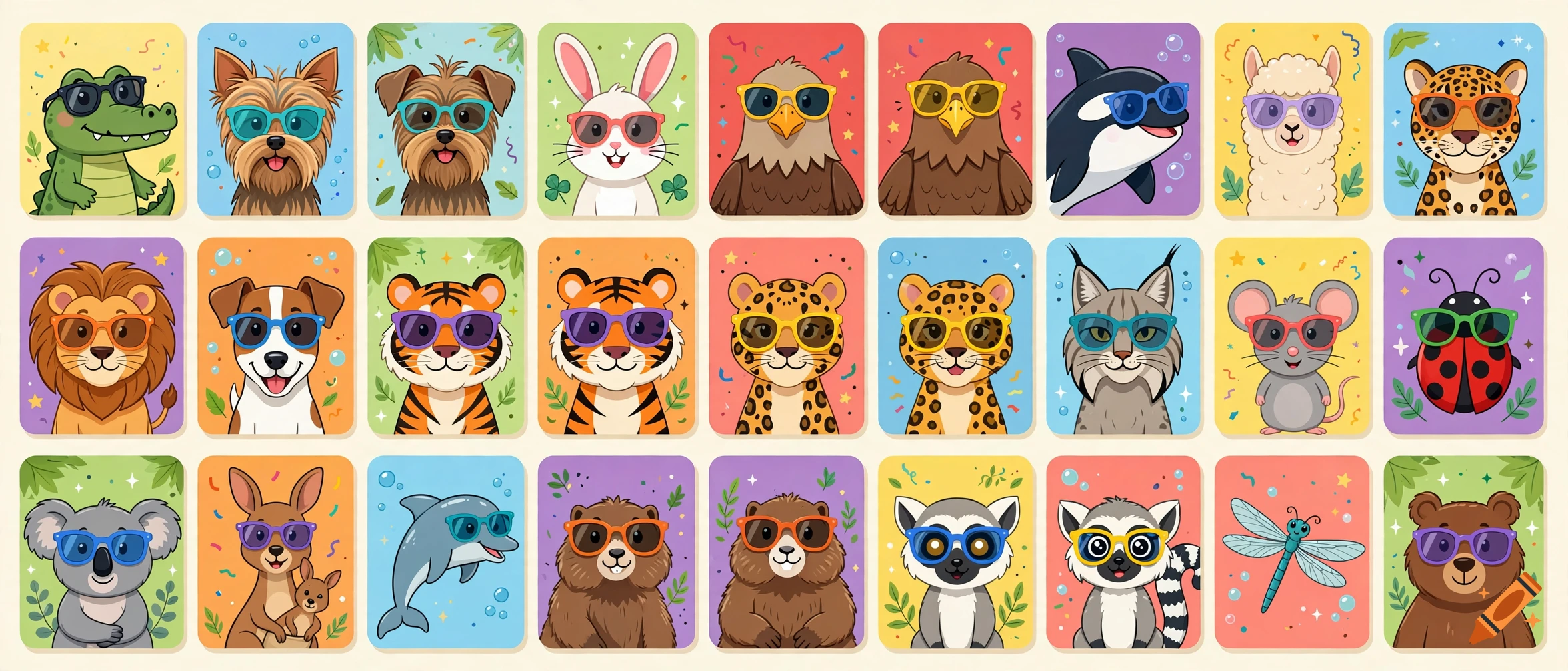 Grid of 21 cartoon animals wearing sunglasses and smiling, in a children's book clipart style.