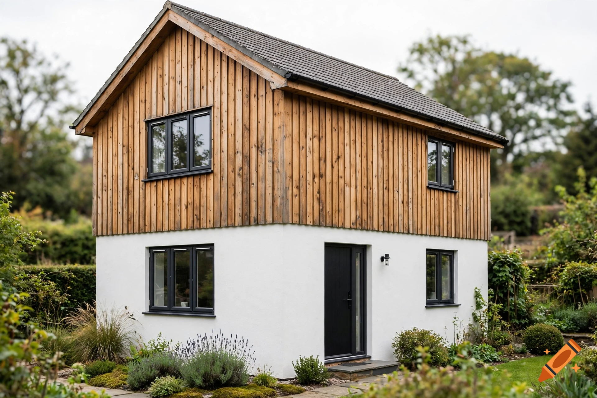 Photorealistic image of a two-story house with vertical larch wood cladding on the upper floor and white plastered walls on the ground floor.