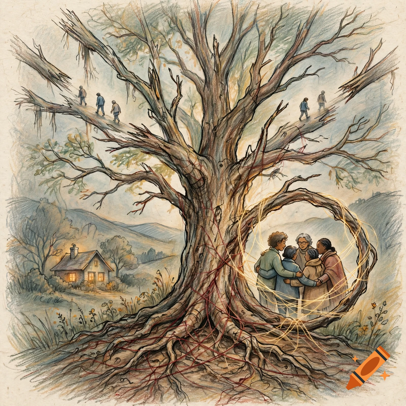 Crayon and colored pencil storybook illustration of a large family tree with people walking on branches and a circle of people hugging below.