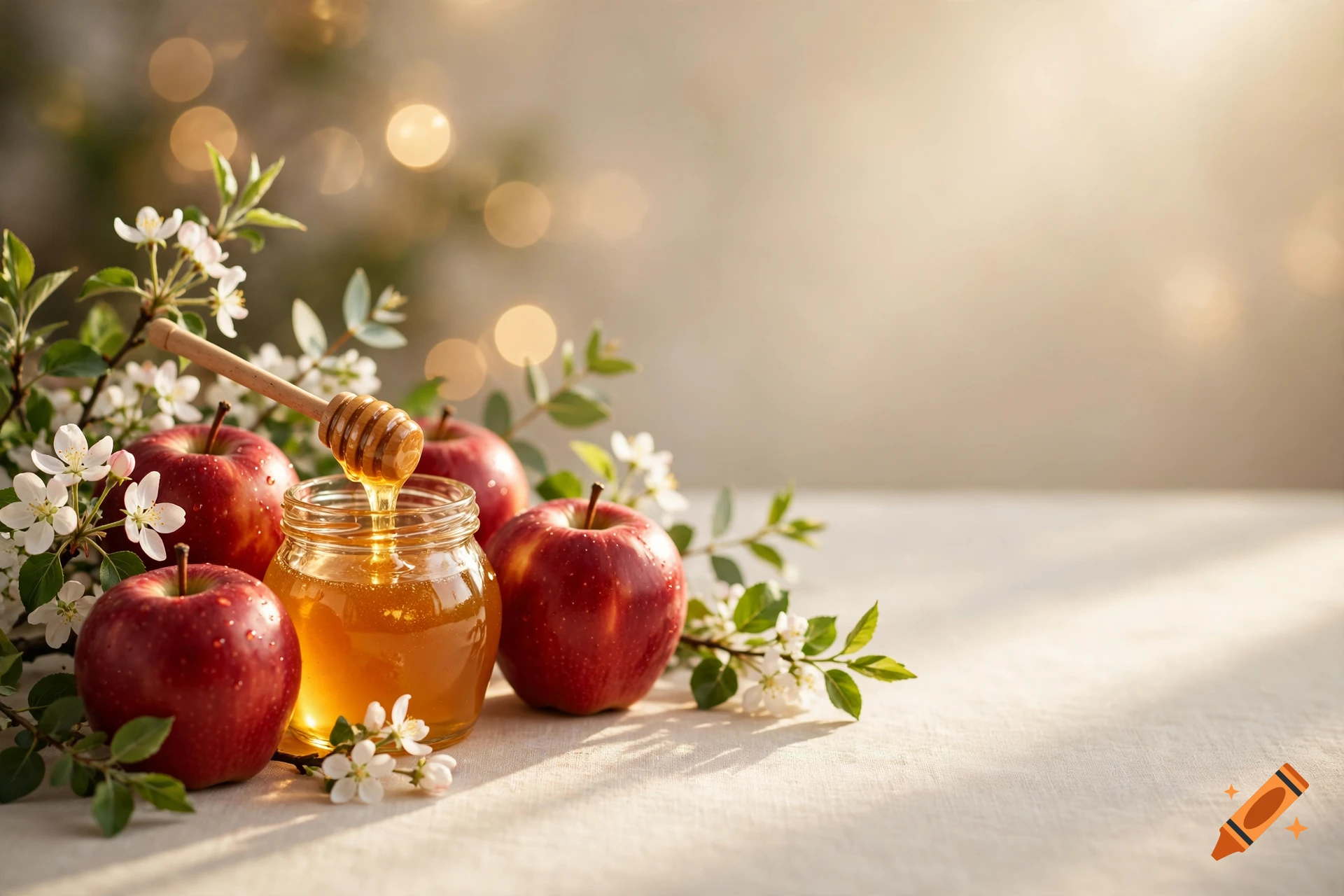 Apples, a honey jar with a honey dipper, and white blossom flowers on a table with warm soft lighting.