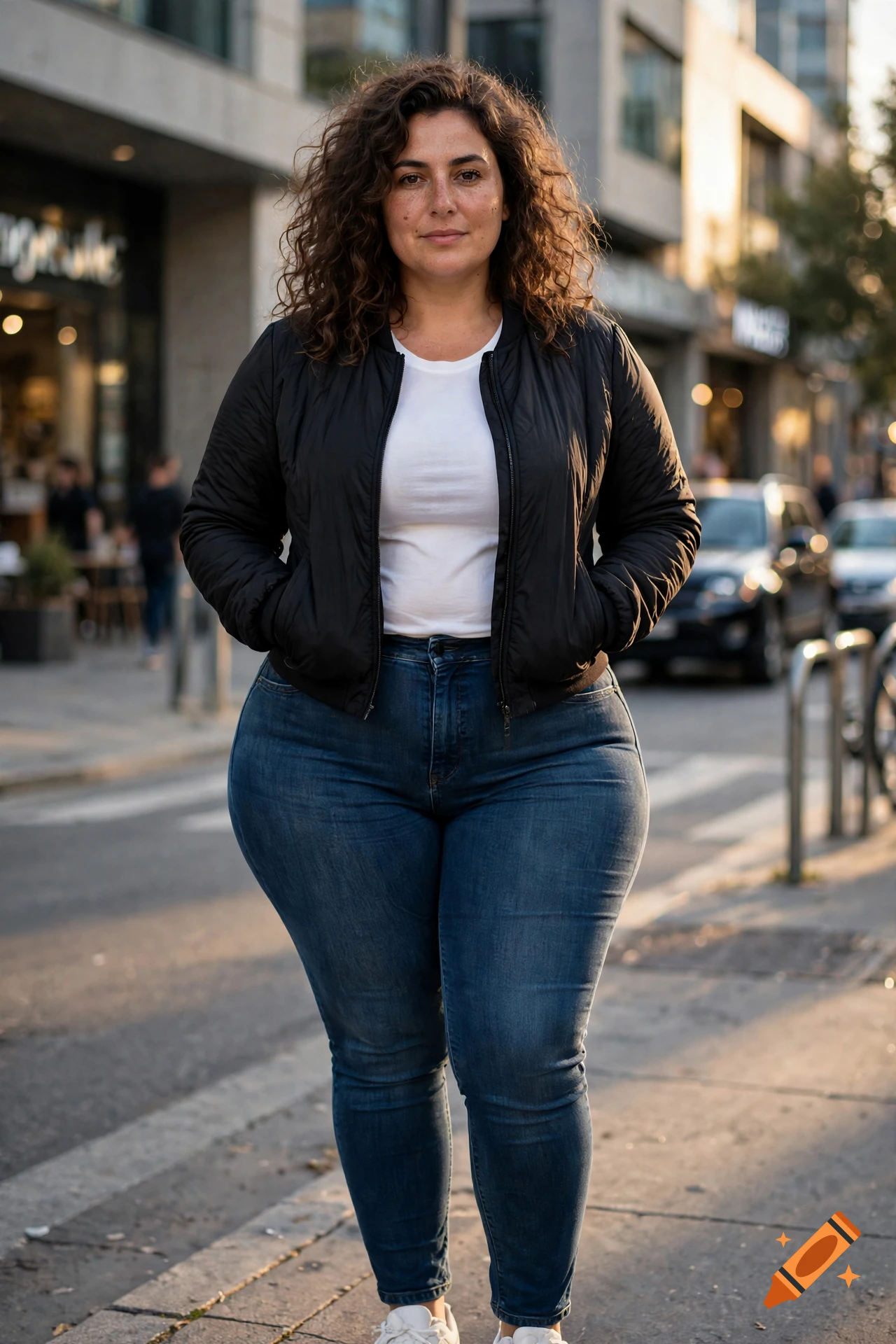 Photorealistic image of a woman with curly hair, wearing a black bomber jacket, white t-shirt, and jeans, standing on a city street.