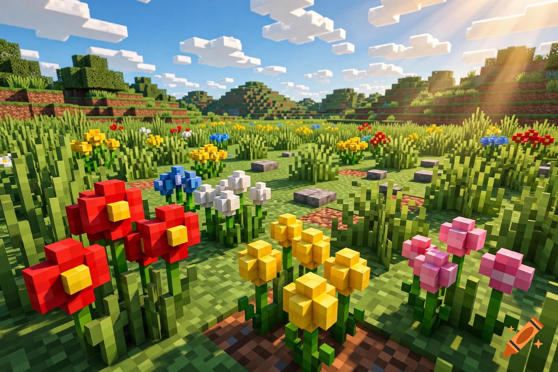 Minecraft-style field with colorful blocky flowers, rolling hills, and bright sunlight under a blue sky.