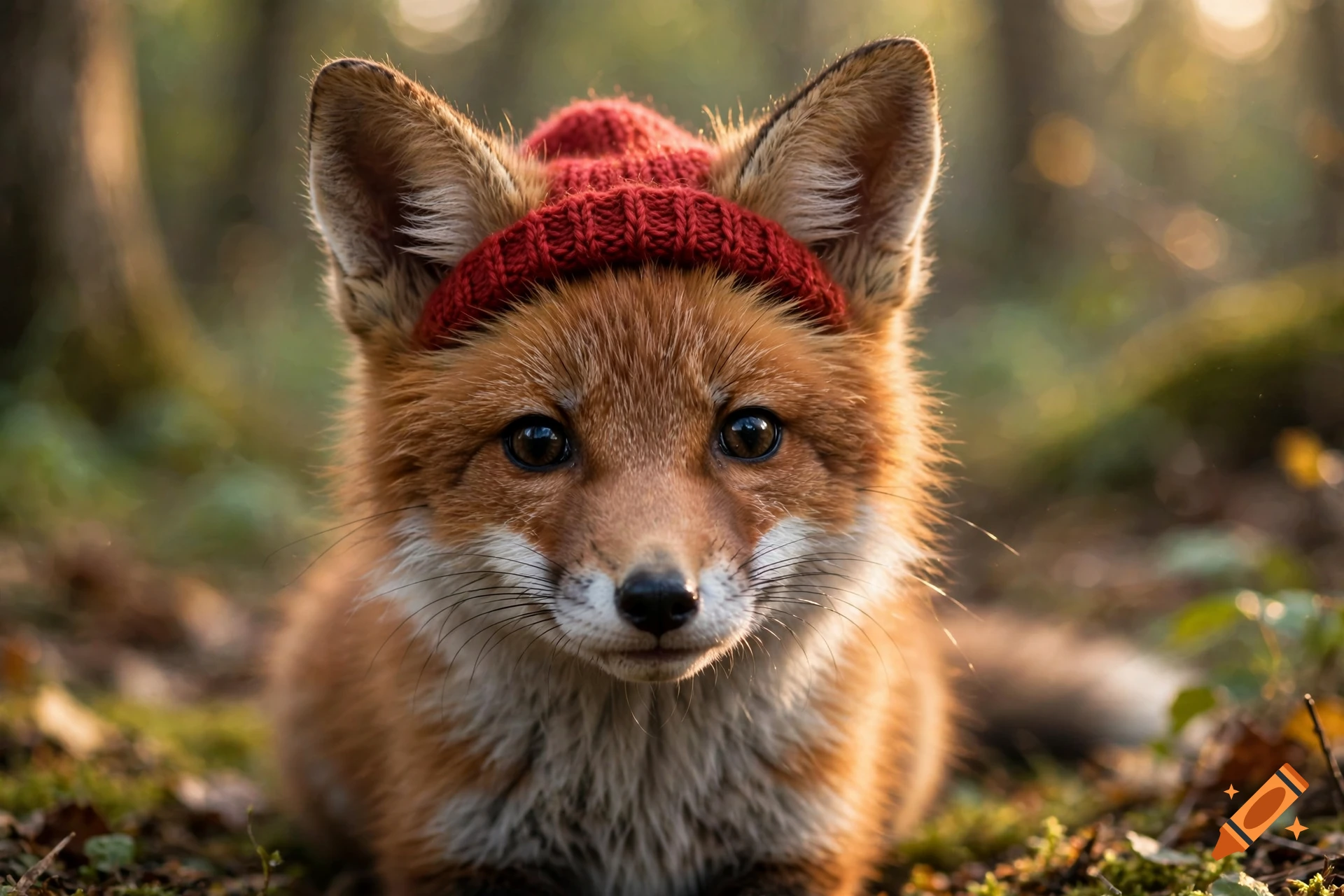 Close-up photorealistic portrait of a cute red fox wearing a small knitted red hat in a forest.