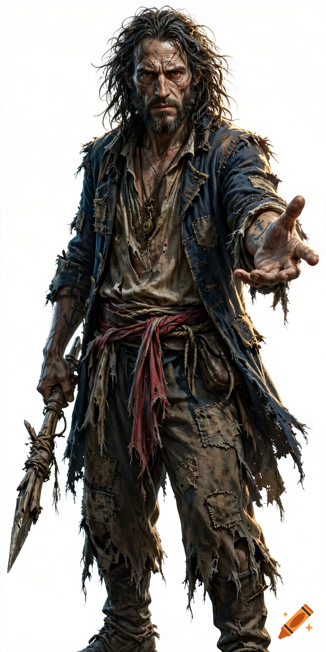 A photorealistic depiction of a ragged, wild-haired pirate holding a makeshift wooden spear and reaching out a hand.