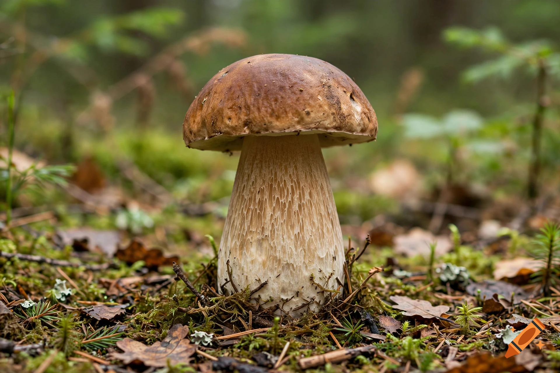Close-up photorealistic shot of a porcini mushroom standing on mossy forest ground.