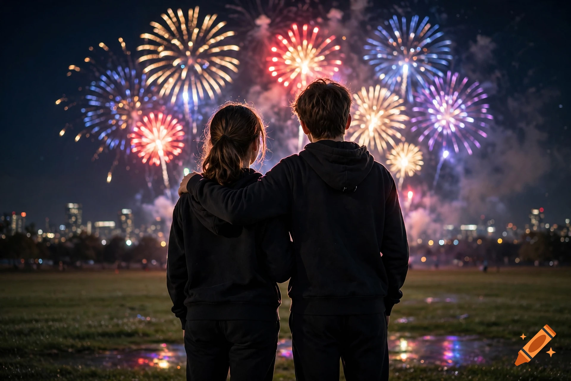 Rear view of a teenage boy and girl in black hoodies standing in a field and watching fireworks over a distant city skyline at night.