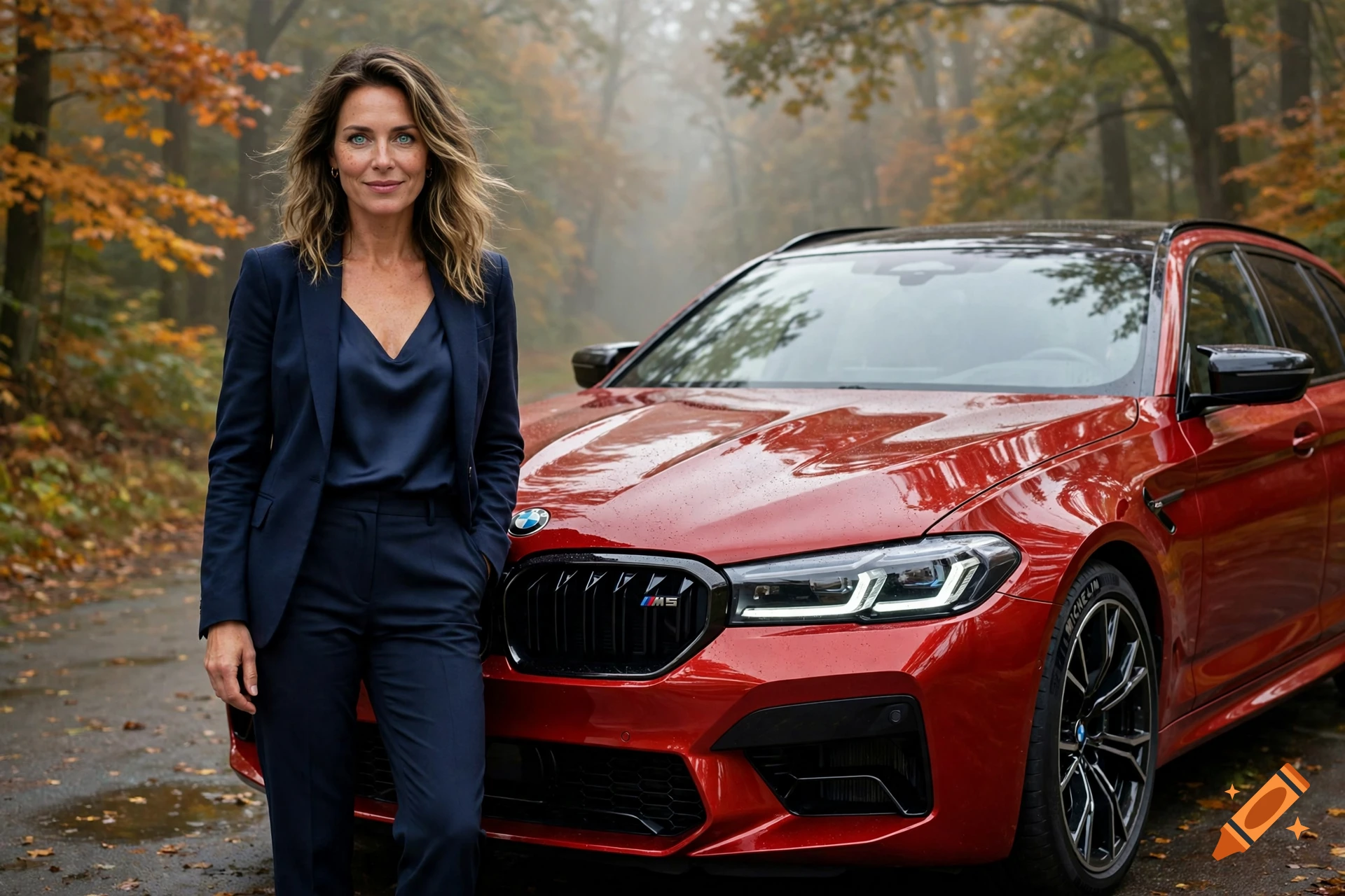 Photorealistic image of a woman in a navy suit standing next to a red BMW M5 Touring in an autumn forest.
