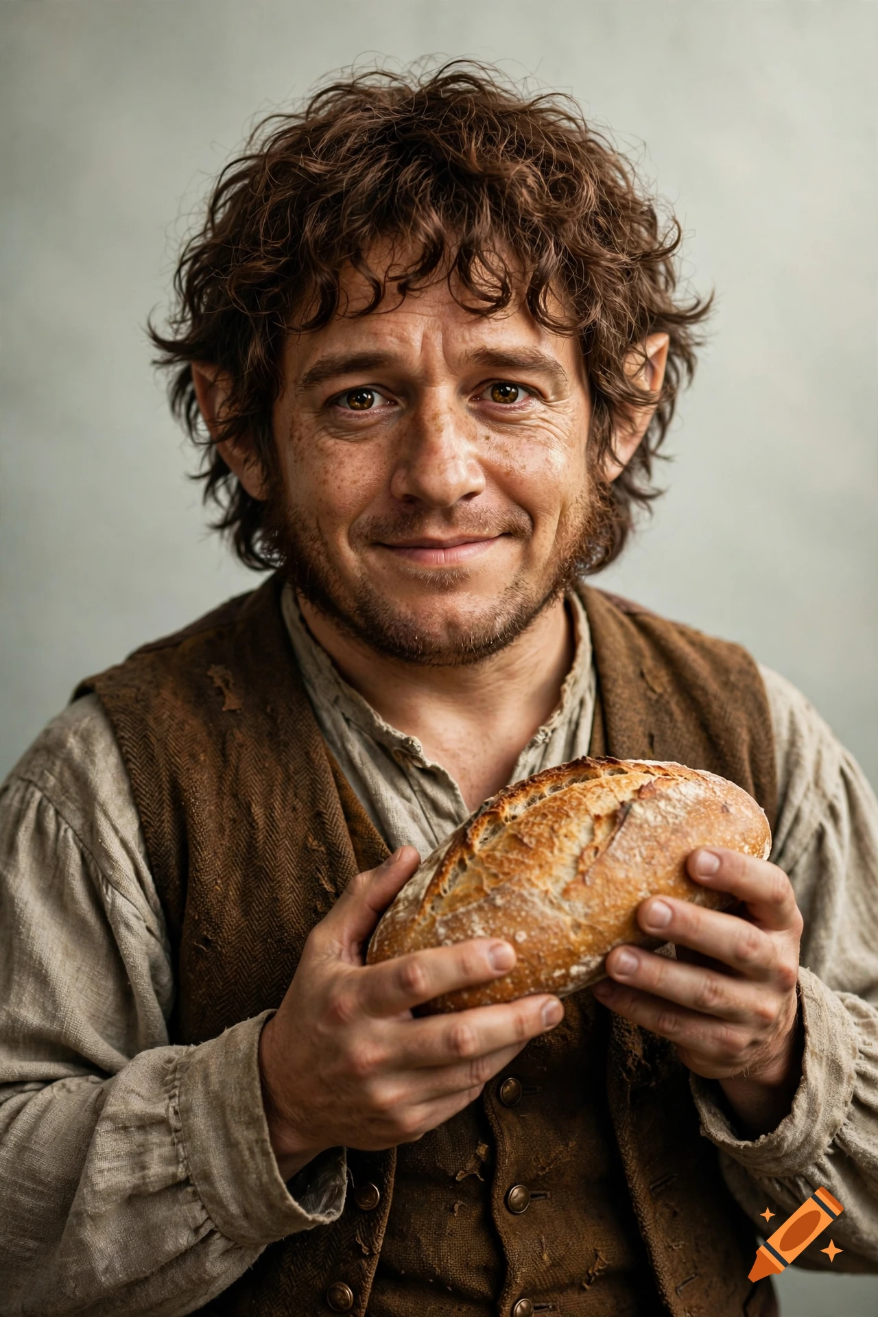 Photorealistic portrait of a friendly hobbit with curly brown hair and pointed ears, holding a loaf of freshly baked bread.