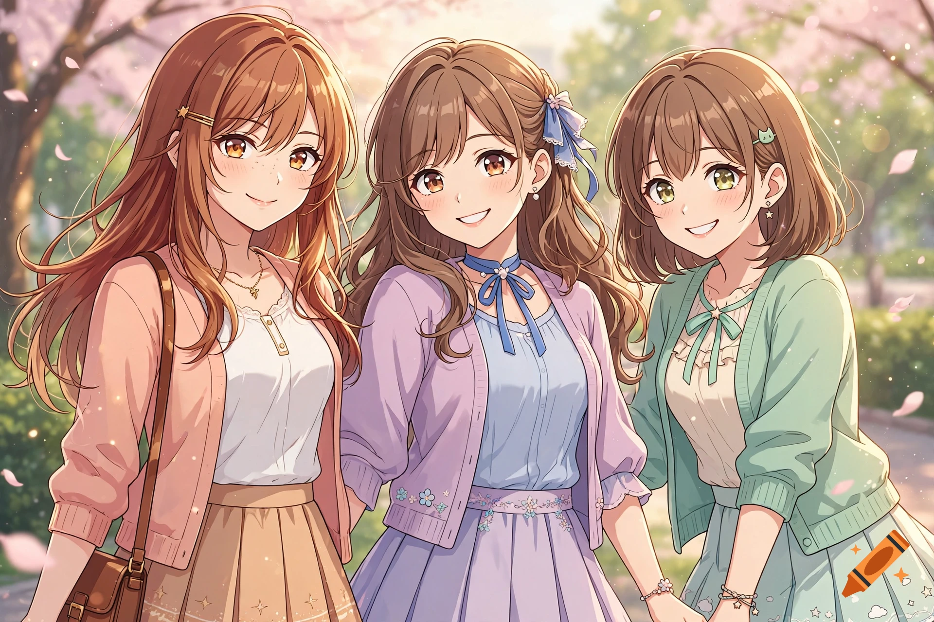 Anime style illustration of three smiling young women with brown hair standing together in a park with cherry blossoms.