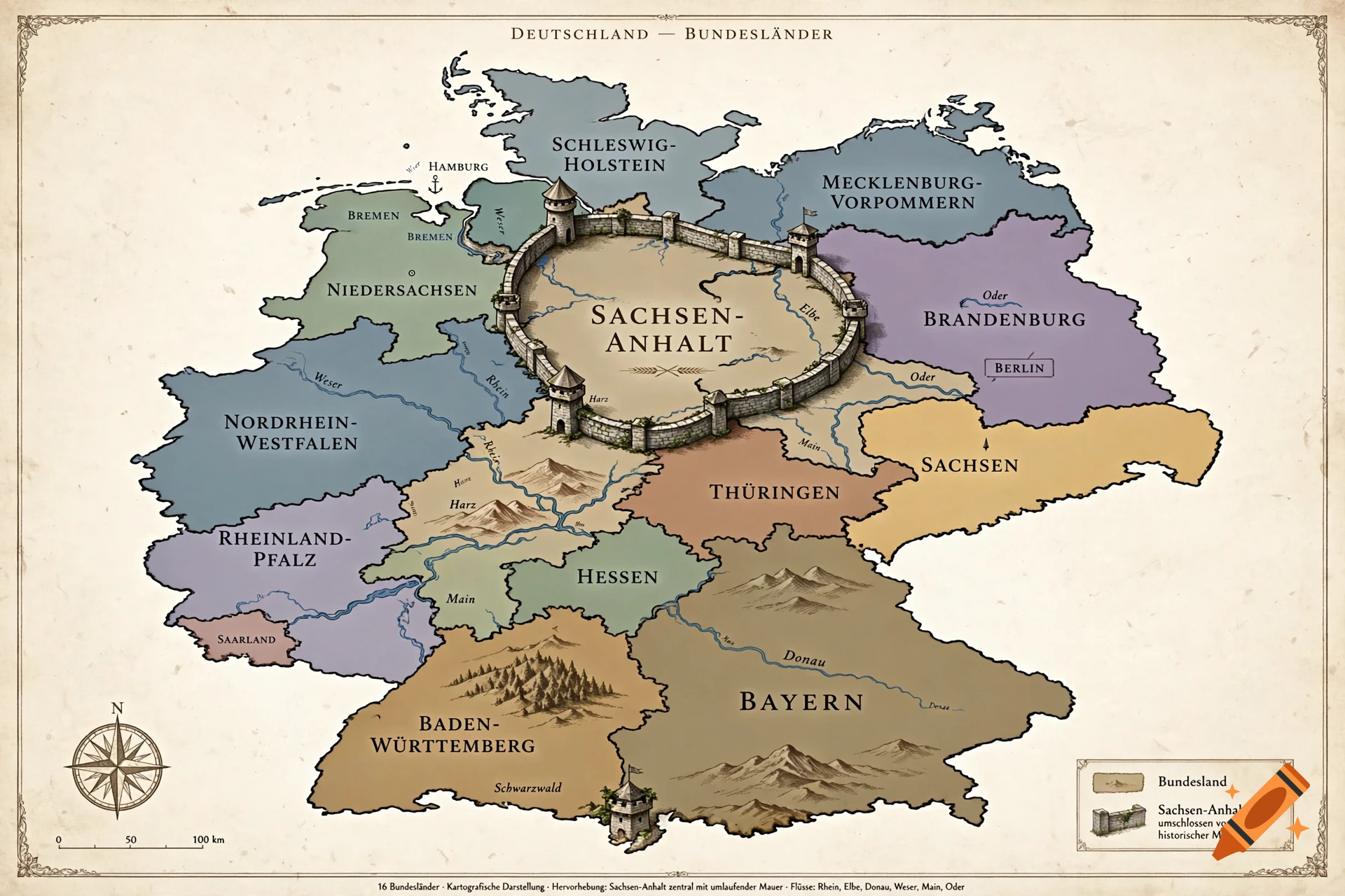 Fantasy map of Germany with federal states and a stone wall surrounding Sachsen-Anhalt, labeled in German.