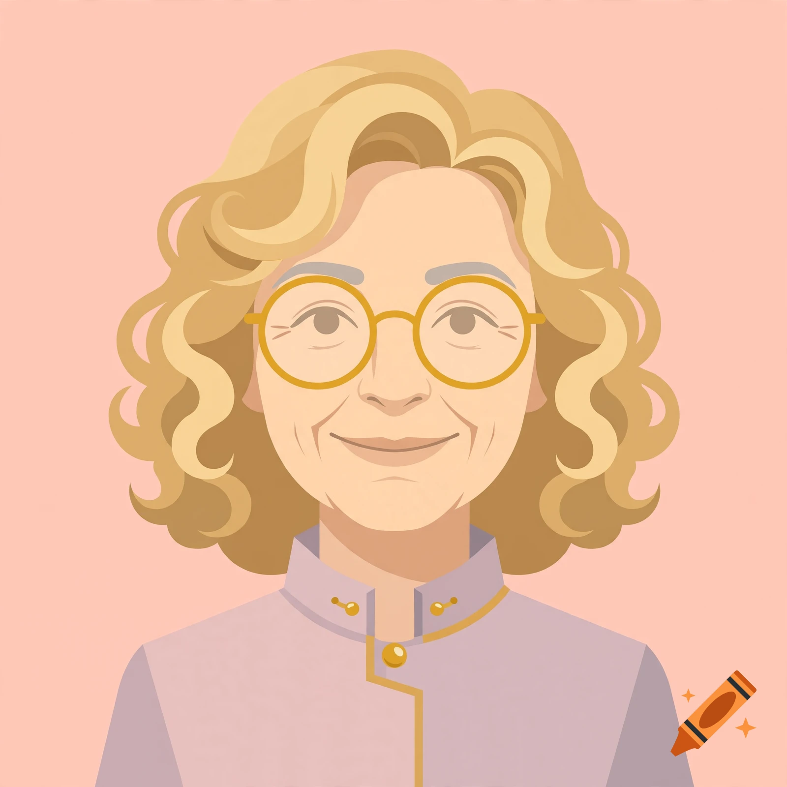 Vector avatar of a senior woman with blonde curly hair and round golden glasses in a modern flat illustration style.