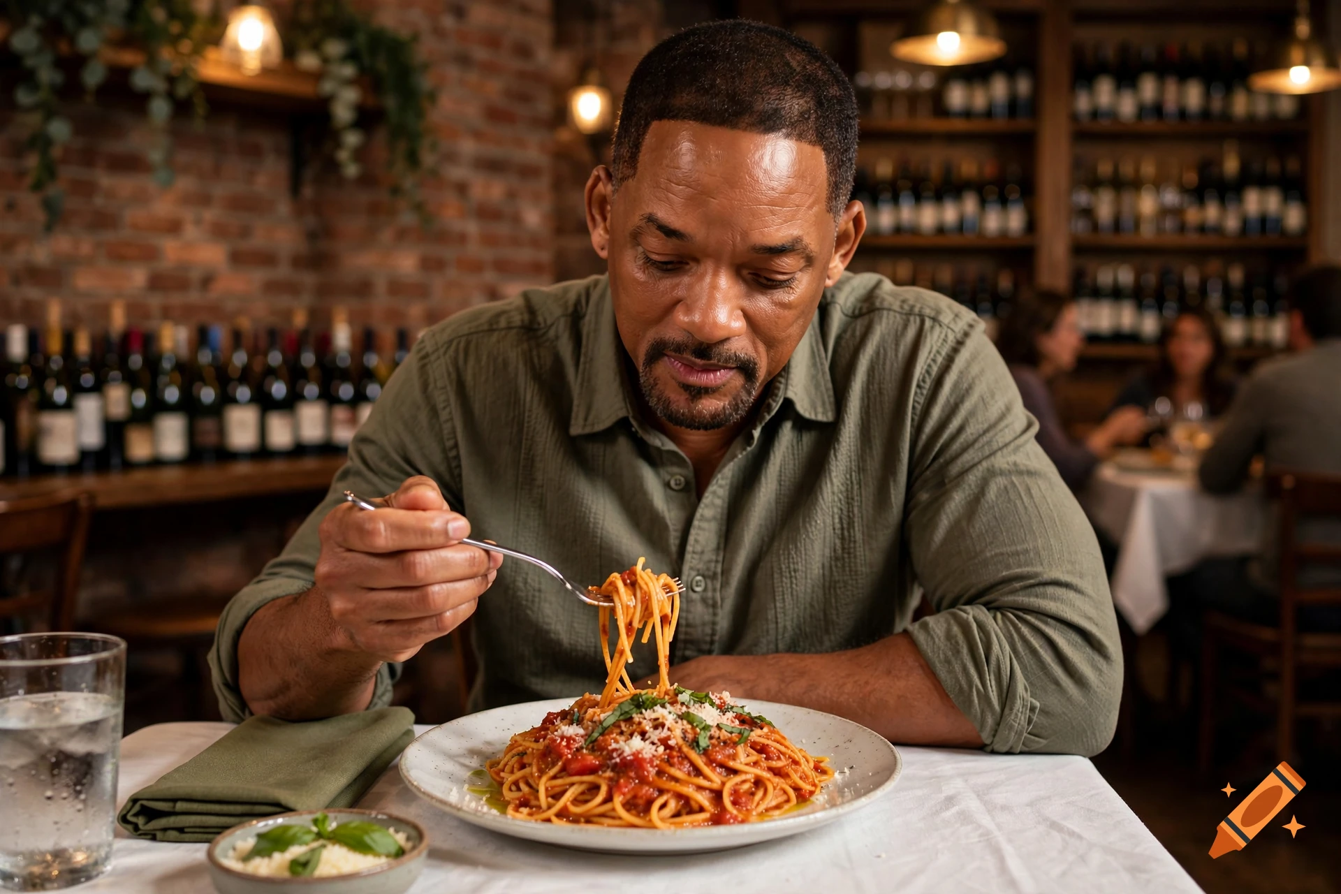 Photorealistic image of Will Smith sitting in a restaurant, eating a plate of spaghetti with a fork.