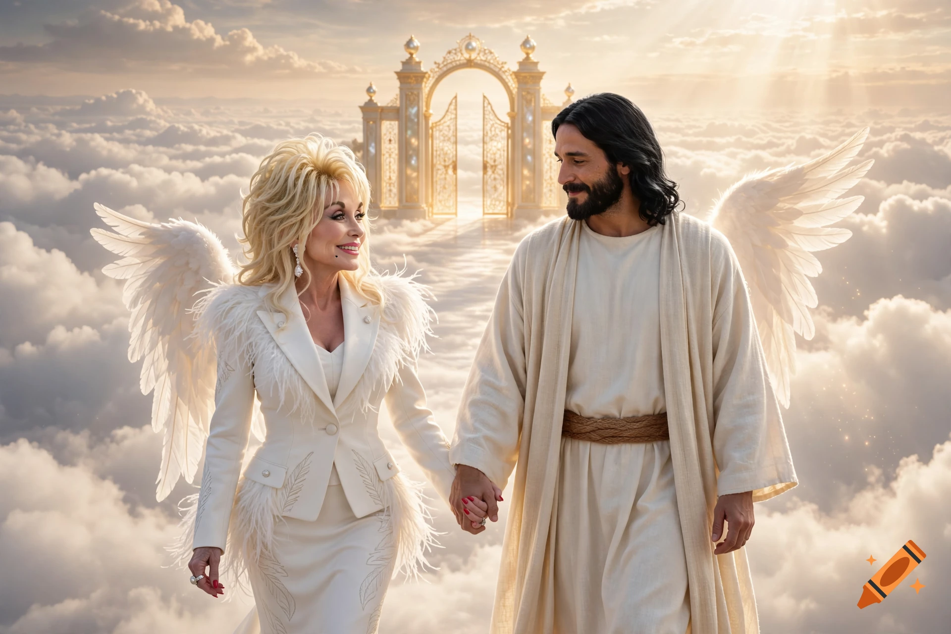 Photorealistic image of Dolly Parton in an angelic white suit holding hands with Jesus in the clouds before the gates of Heaven.