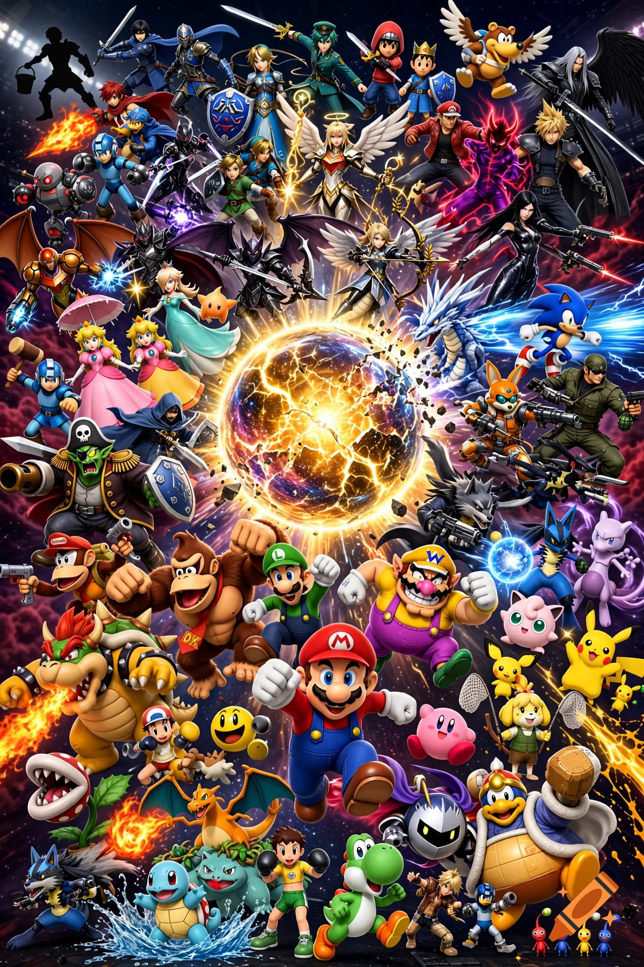 An epic poster featuring a large collection of video game characters from Super Smash Bros surrounding a glowing energy sphere.