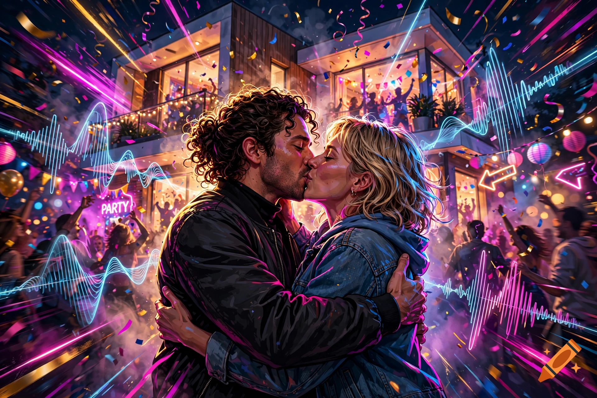 A young couple kissing passionately at a lively outdoor party surrounded by neon music equalizer waves and confetti, digital art style.