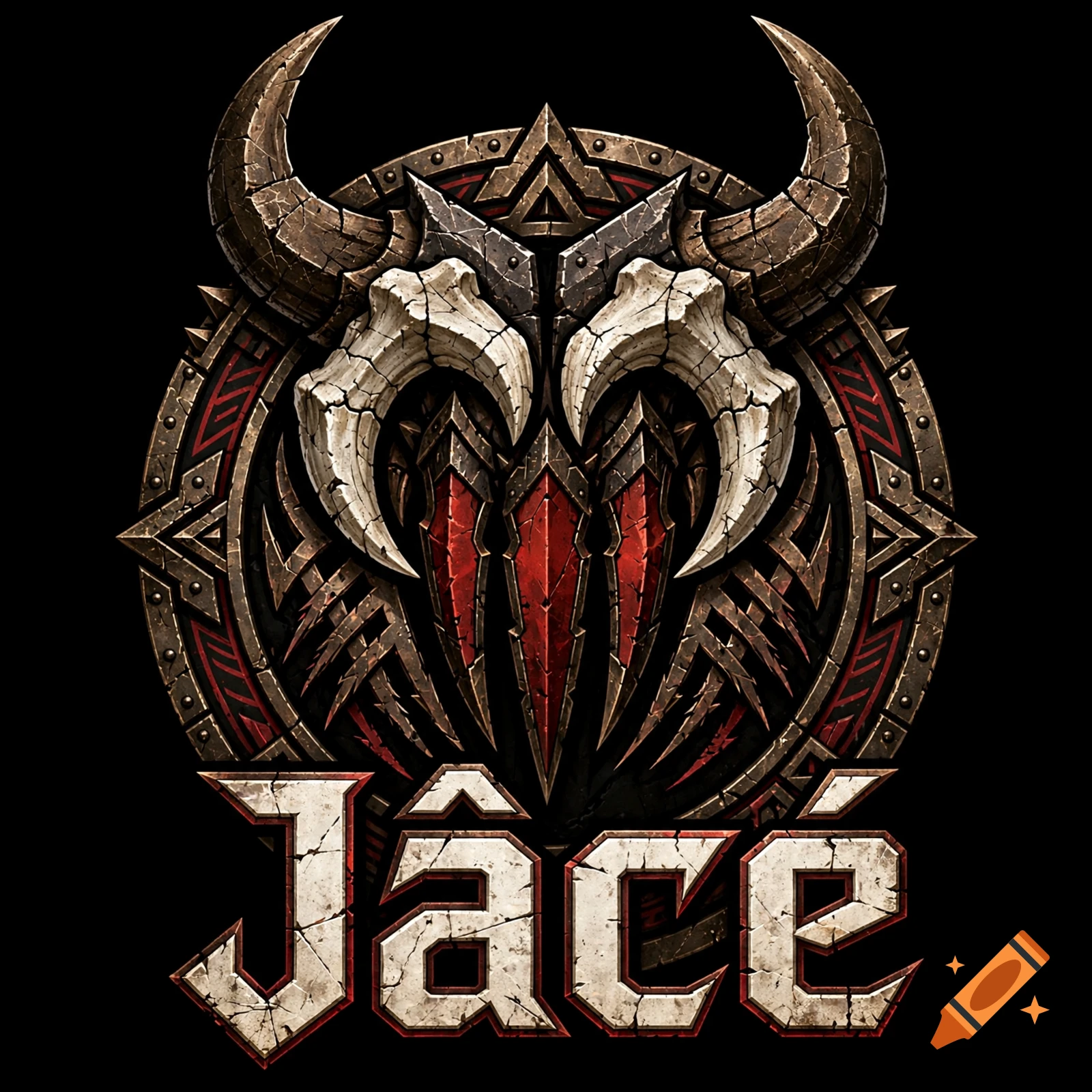 World of Warcraft Horde style fantasy logo with horns, runes, and the text Jâcé in bold stone letters.