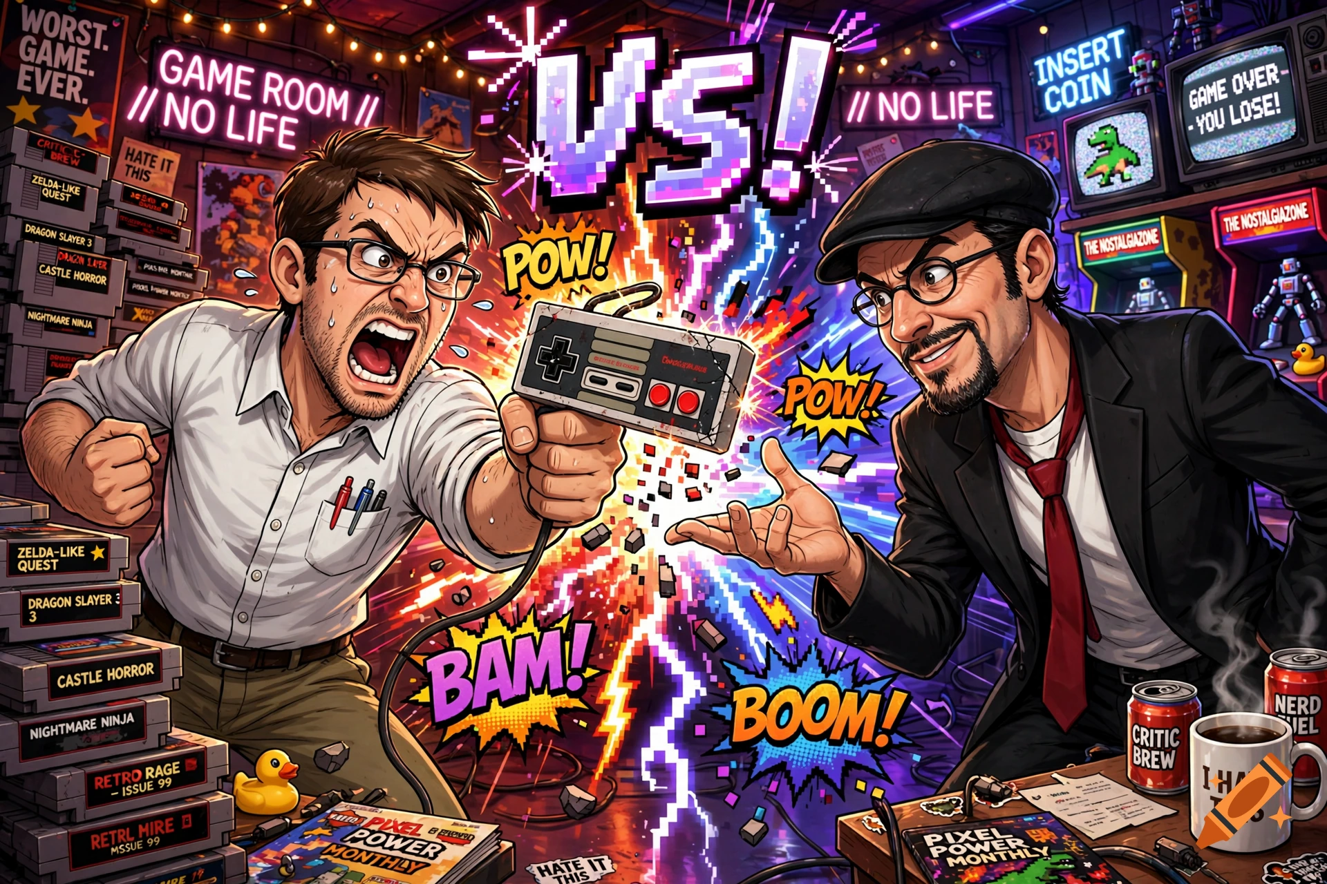 Comic book style illustration of two angry content creators arguing, holding a retro controller and yelling in a game room.