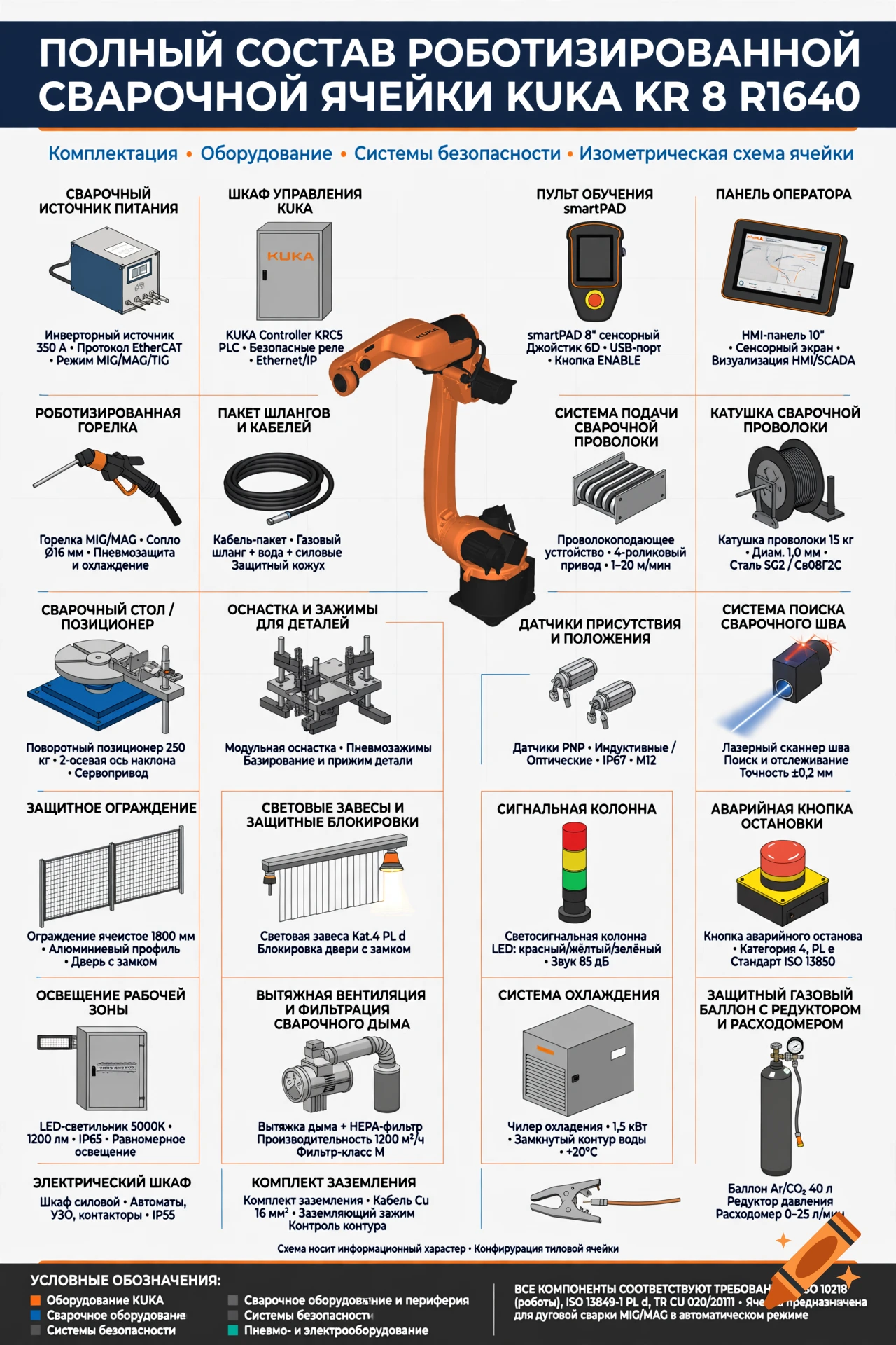 Technical diagram detailing the components of a KUKA KR 8 R1640 robotic welding cell with Russian labels.