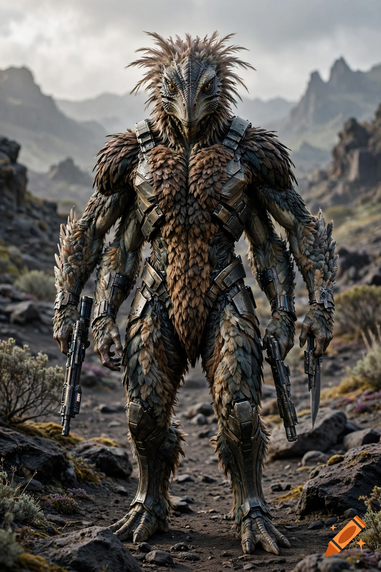Photorealistic image of a four-armed alien with feathered reptilian features and armor, standing in a rocky landscape.