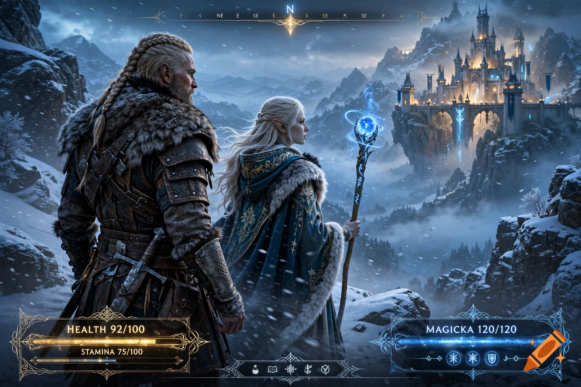 Photorealistic fantasy RPG art of a Nord warrior and Elven mage on a snowy mountain ridge overlooking a glowing castle, with game HUD overlays.