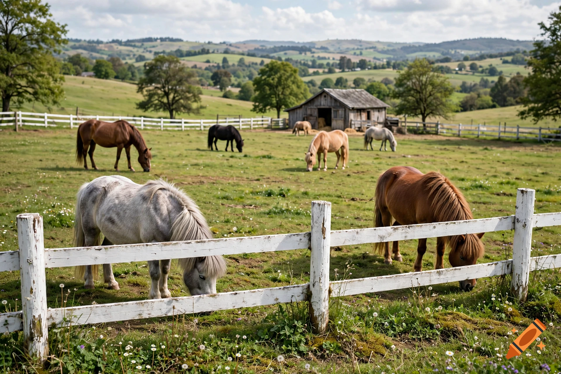 Photorealistic image of multiple horses grazing in a green pasture with a white wooden fence and a rustic barn in the background.