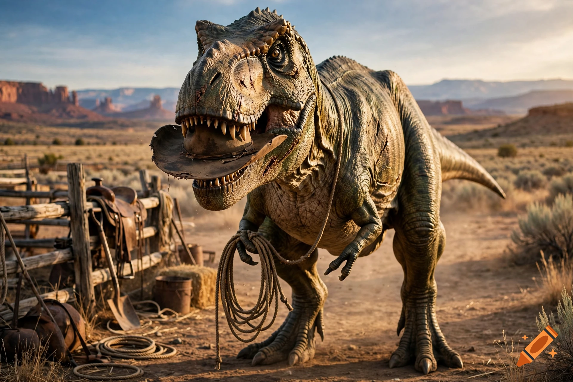 Photorealistic image of a T-Rex wearing a cowboy hat and holding a lasso in a desert canyon setting.