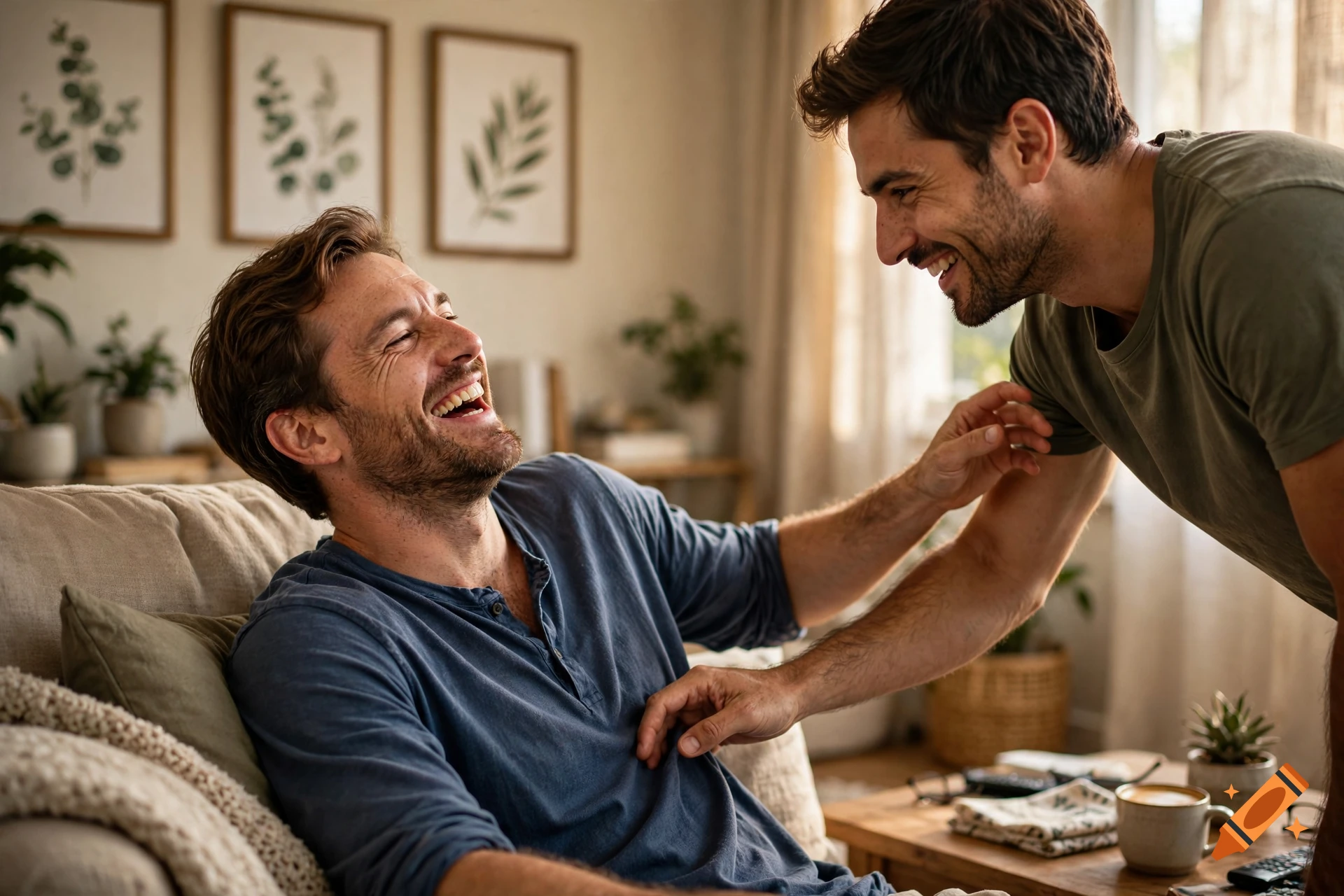 Photorealistic image of two men smiling and laughing together in a living room, one tickling the other.