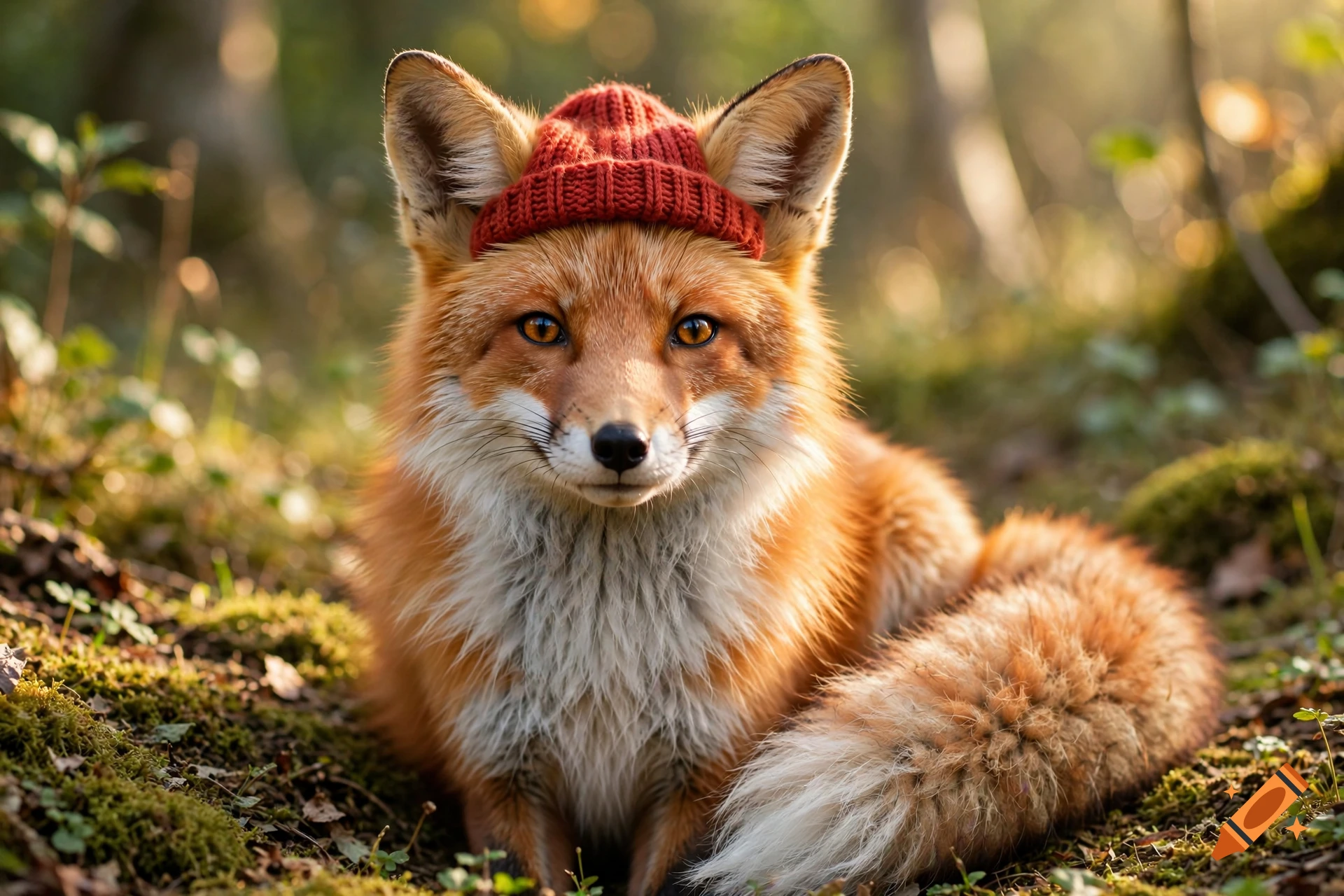 Photorealistic close-up of a cute red fox wearing a small knitted red winter hat in a sunny forest.