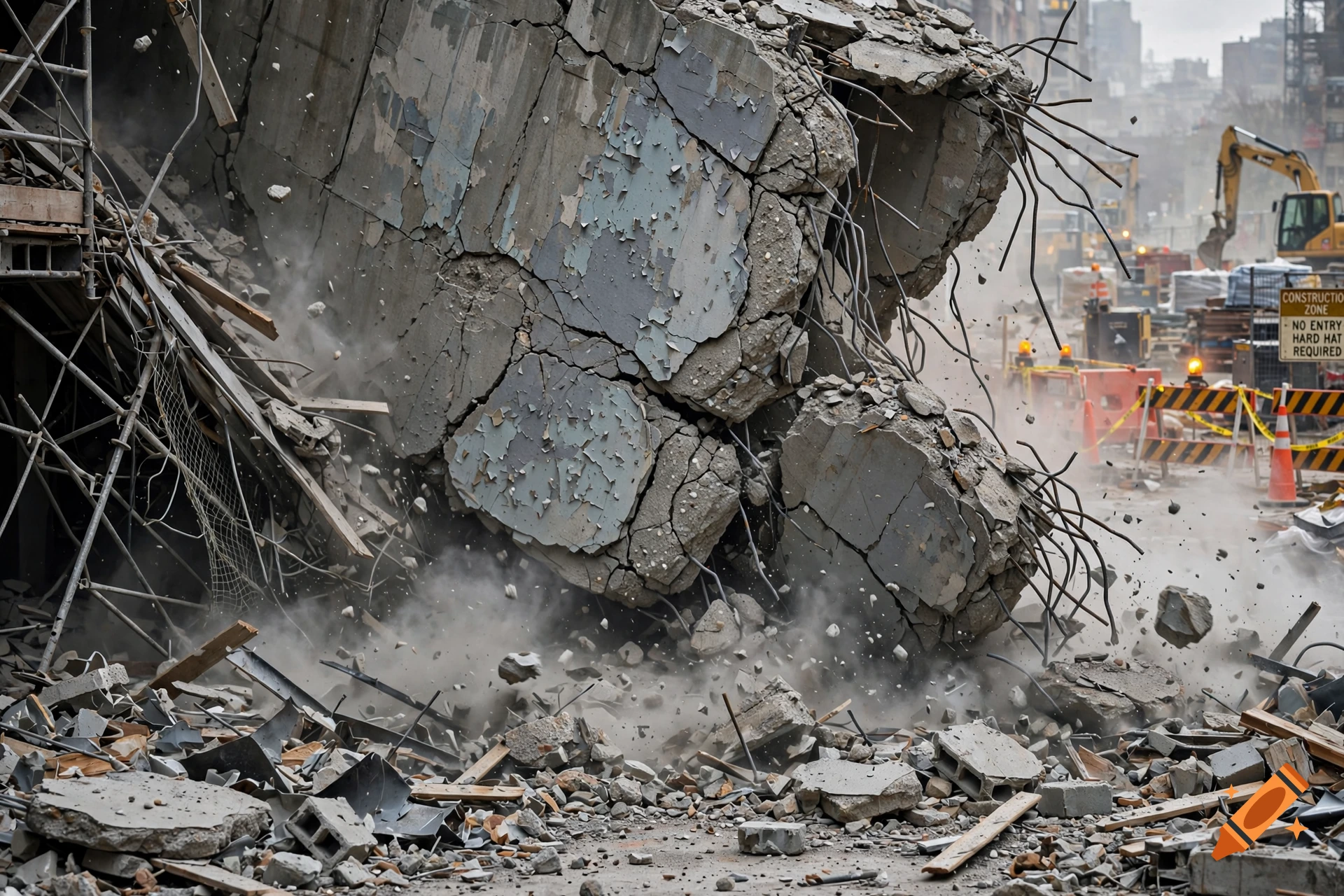Photorealistic image of a massive concrete wall collapsing with dust and debris flying in a construction zone.