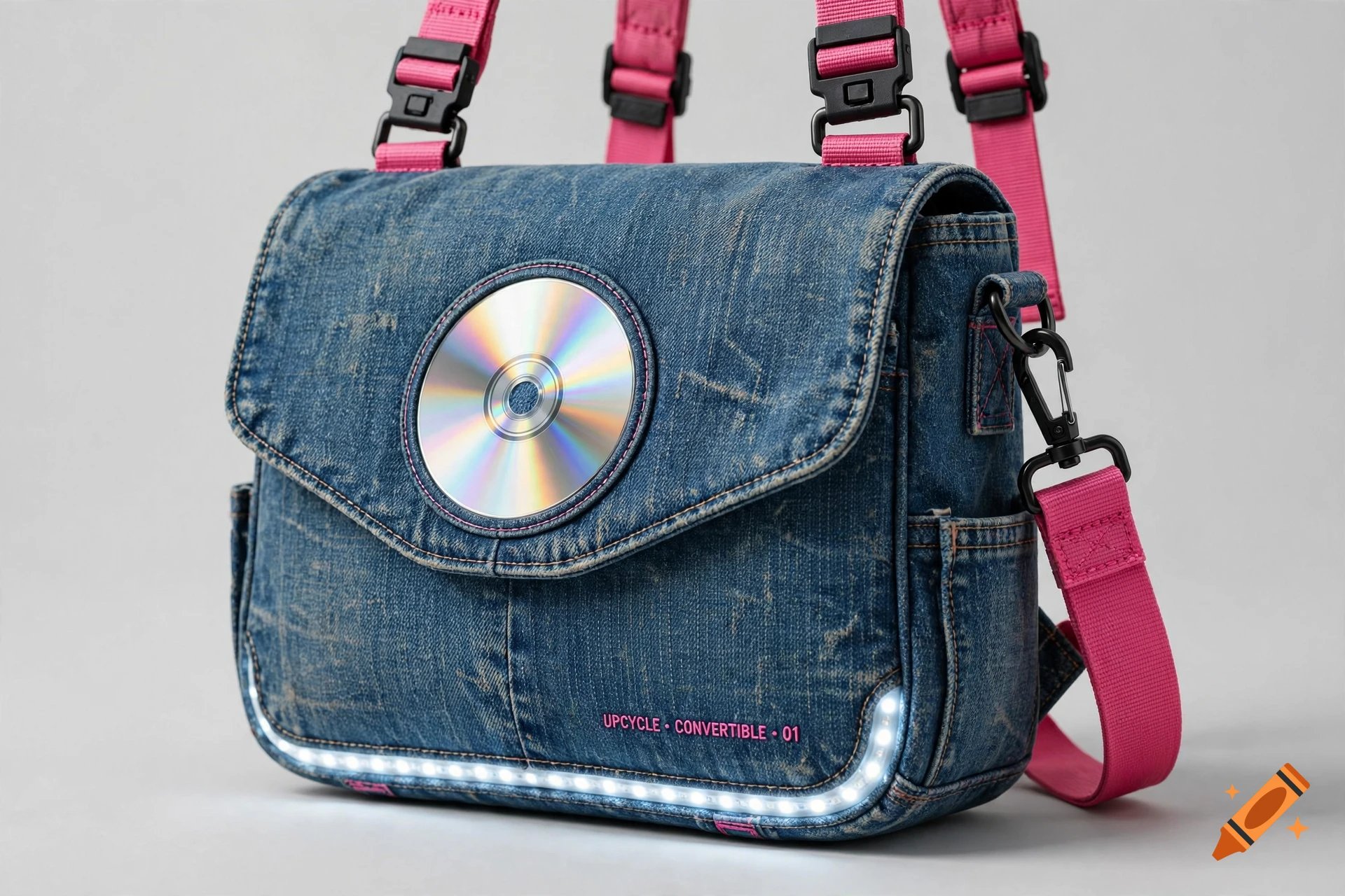A futuristic convertible denim bag with pink straps, a CD reflector, and a string of white lights, displayed on a light gray background.