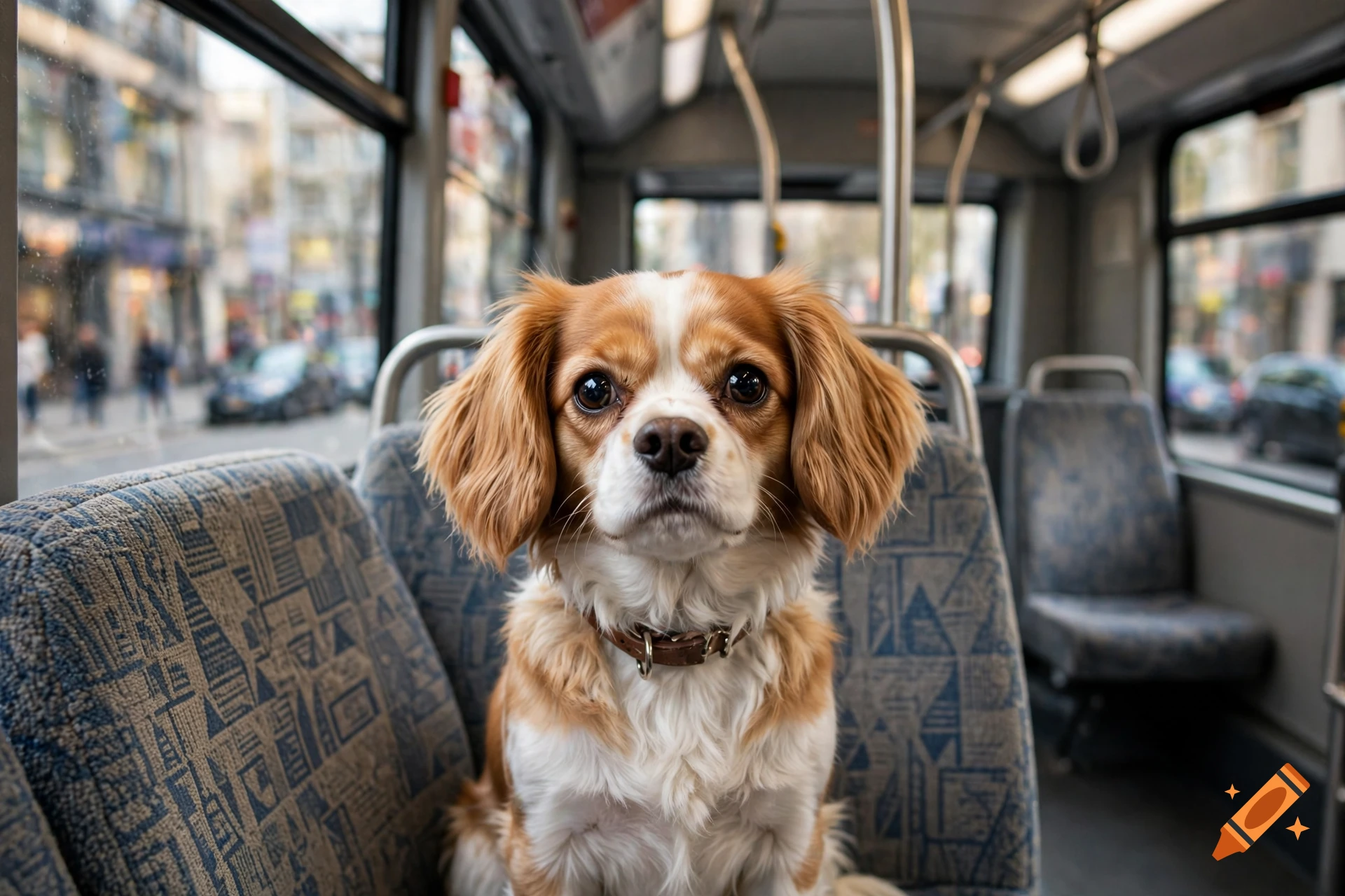 Photorealistic Cavalier King Charles Spaniel sitting on a seat inside a bus.