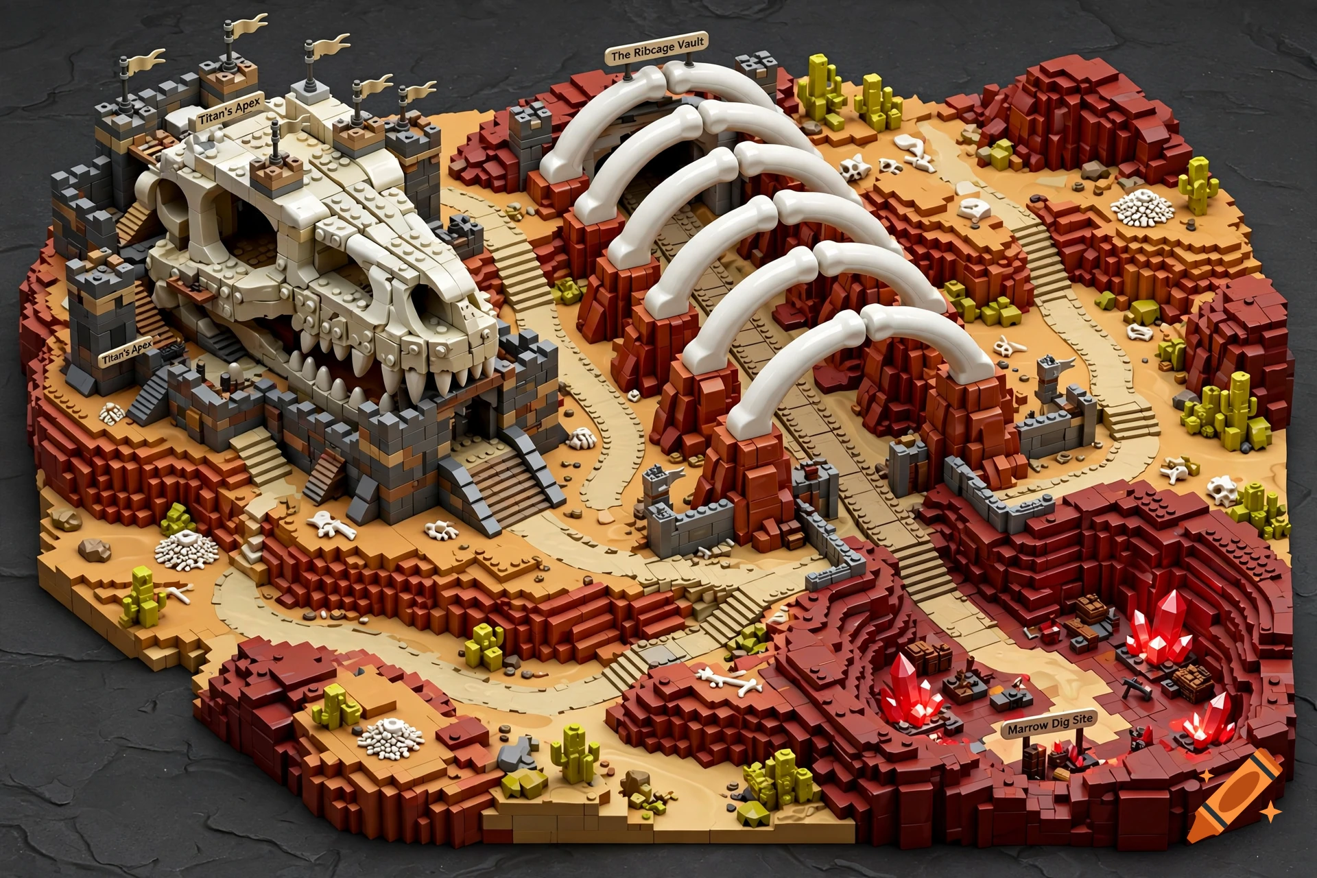 An isometric 3D video game level made of toy blocks depicting a desert biome with a skull fortress, bone vault, and crystal dig site.
