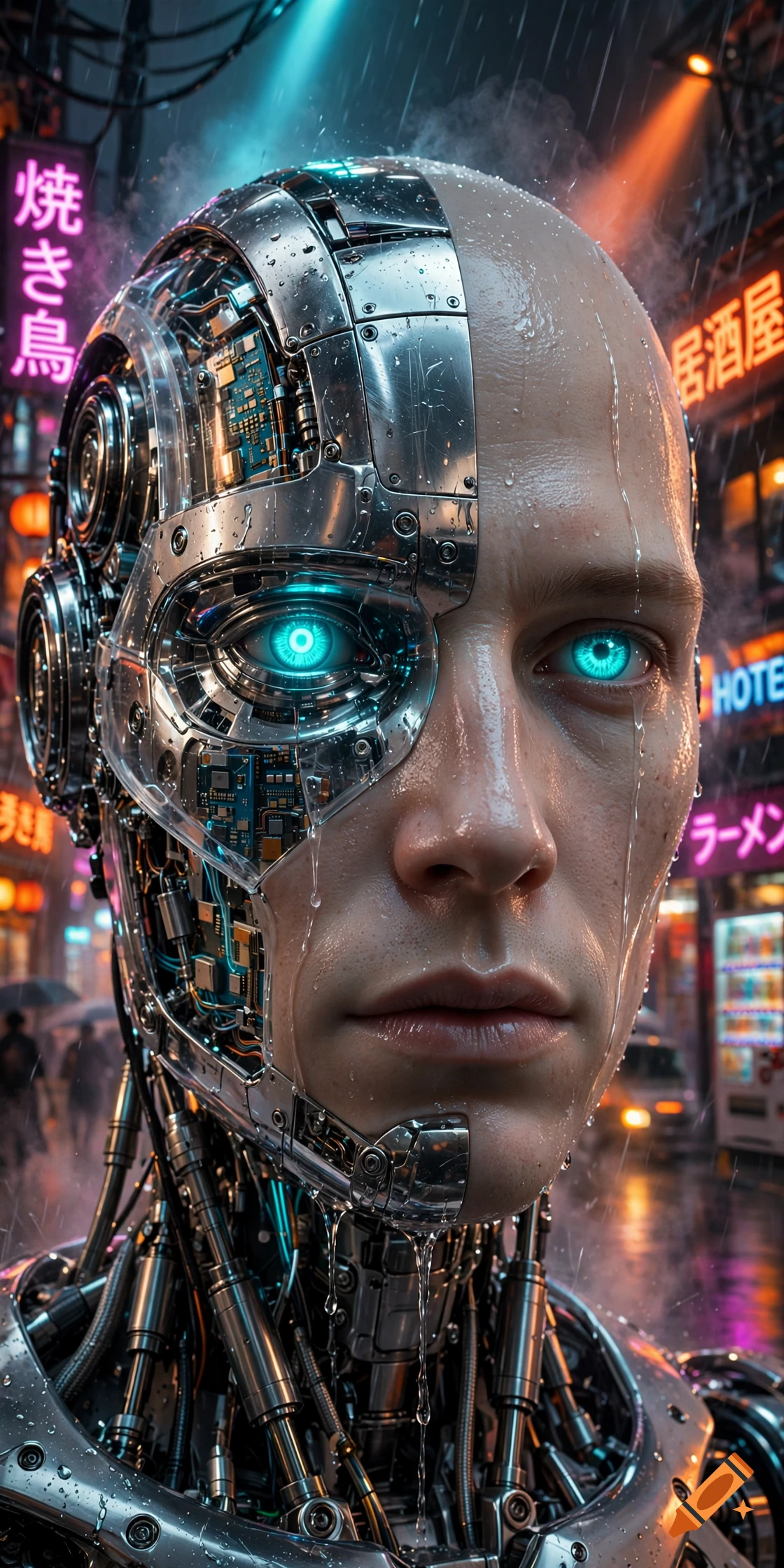 Cinematic photorealistic portrait of a bionic humanoid robot with exposed chrome mechanics and glowing cyan eyes in a rainy cyberpunk street.