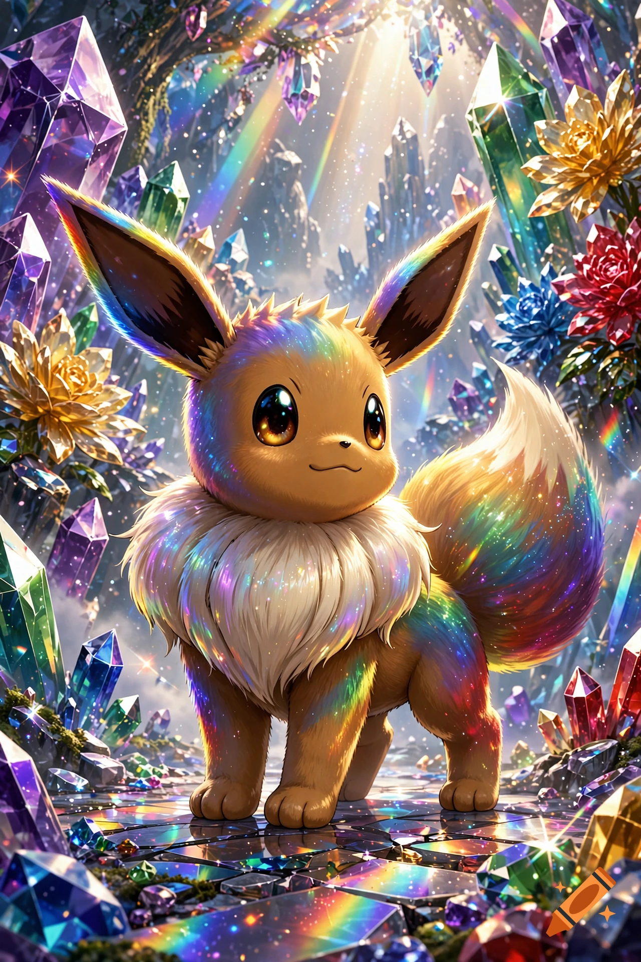 An Eevee with rainbow fur stands in a mystical cave filled with glowing crystals and flowers, digital art style.