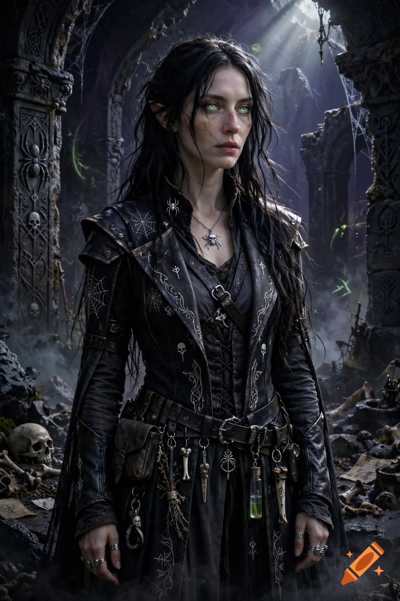 Realistic fantasy character art of a dark-haired female elf cleric in black leather armor standing amidst ancient drow ruins.