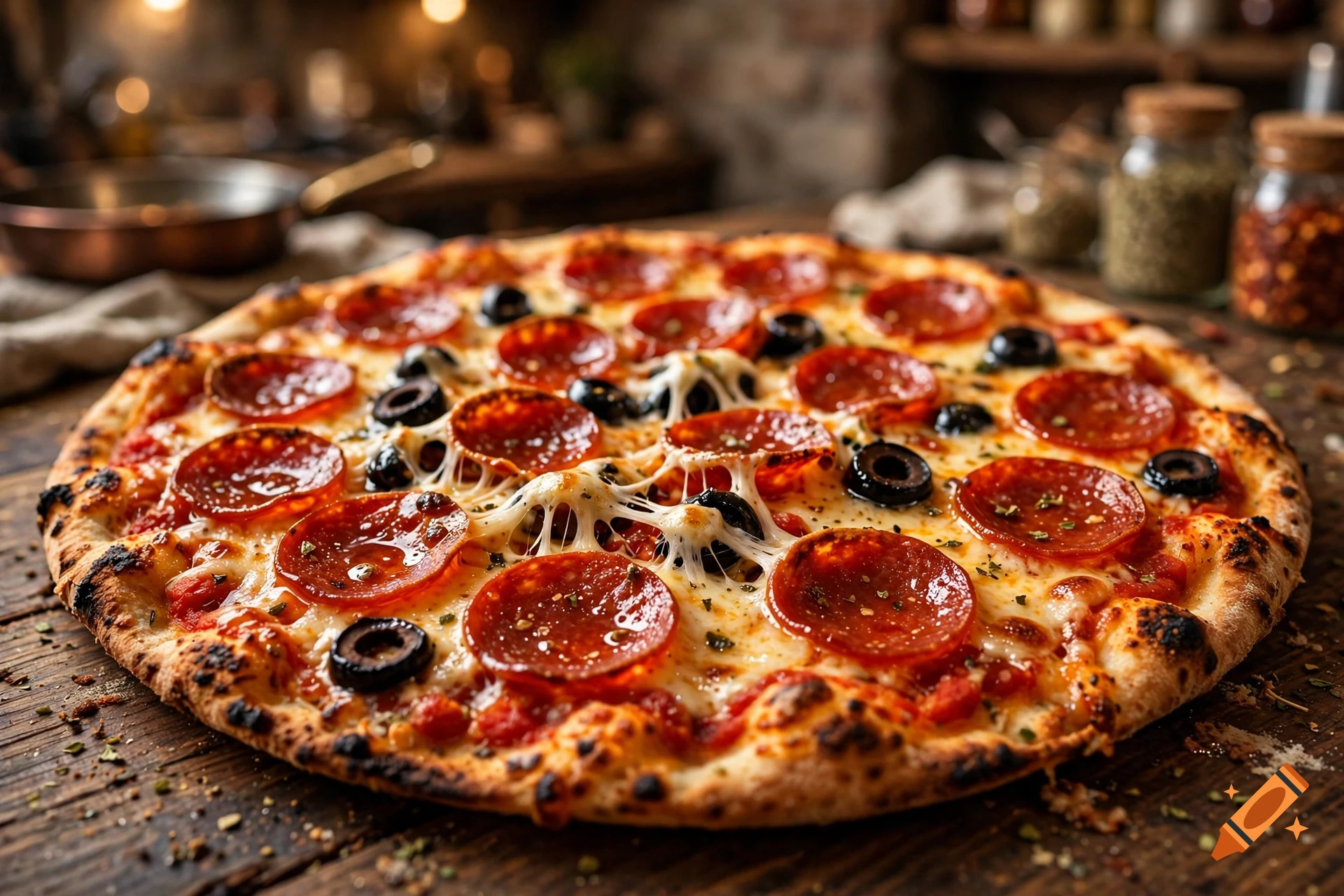 Photorealistic close-up of a pepperoni pizza with melted cheese and black olives on a rustic wooden table.