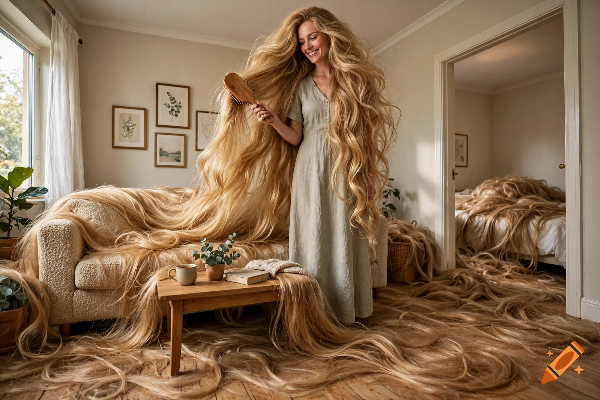 Photorealistic image of a smiling woman holding a hairbrush, surrounded by an overwhelming amount of extremely long blonde hair filling her living room.